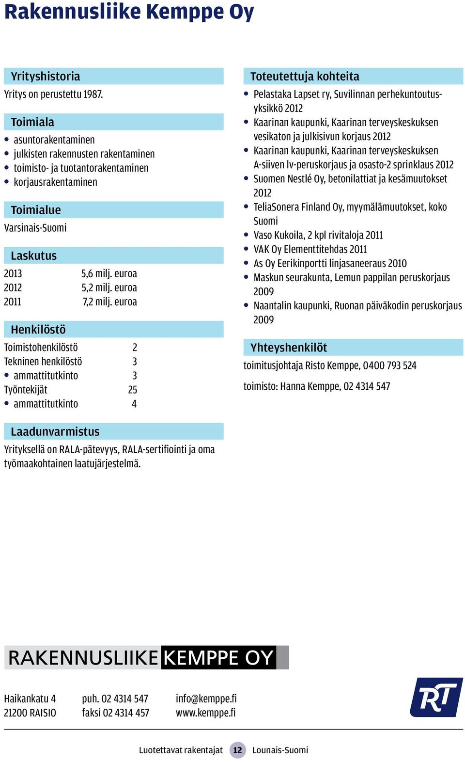 terveyskeskuksen vesikaton ja julkisivun korjaus 2012 Kaarinan kaupunki, Kaarinan terveyskeskuksen A-siiven lv-peruskorjaus ja osasto-2 sprinklaus 2012 Suomen Nestlé Oy, betonilattiat ja