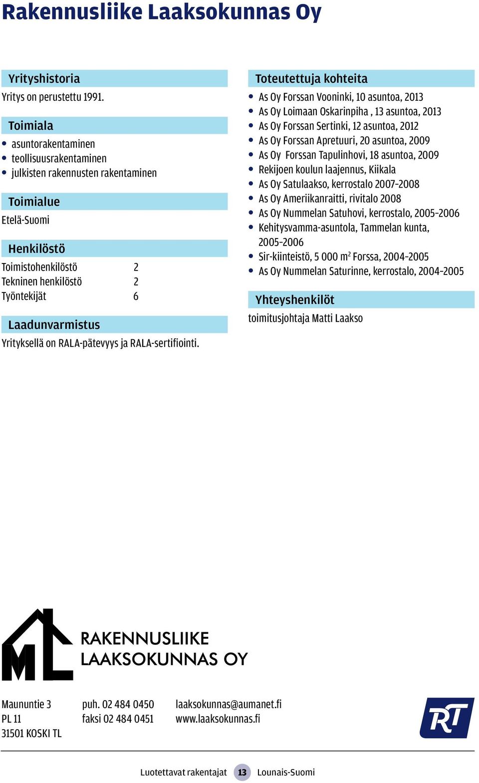 As Oy Forssan Vooninki, 10 asuntoa, 2013 As Oy Loimaan Oskarinpiha, 13 asuntoa, 2013 As Oy Forssan Sertinki, 12 asuntoa, 2012 As Oy Forssan Apretuuri, 20 asuntoa, 2009 As Oy Forssan Tapulinhovi, 18