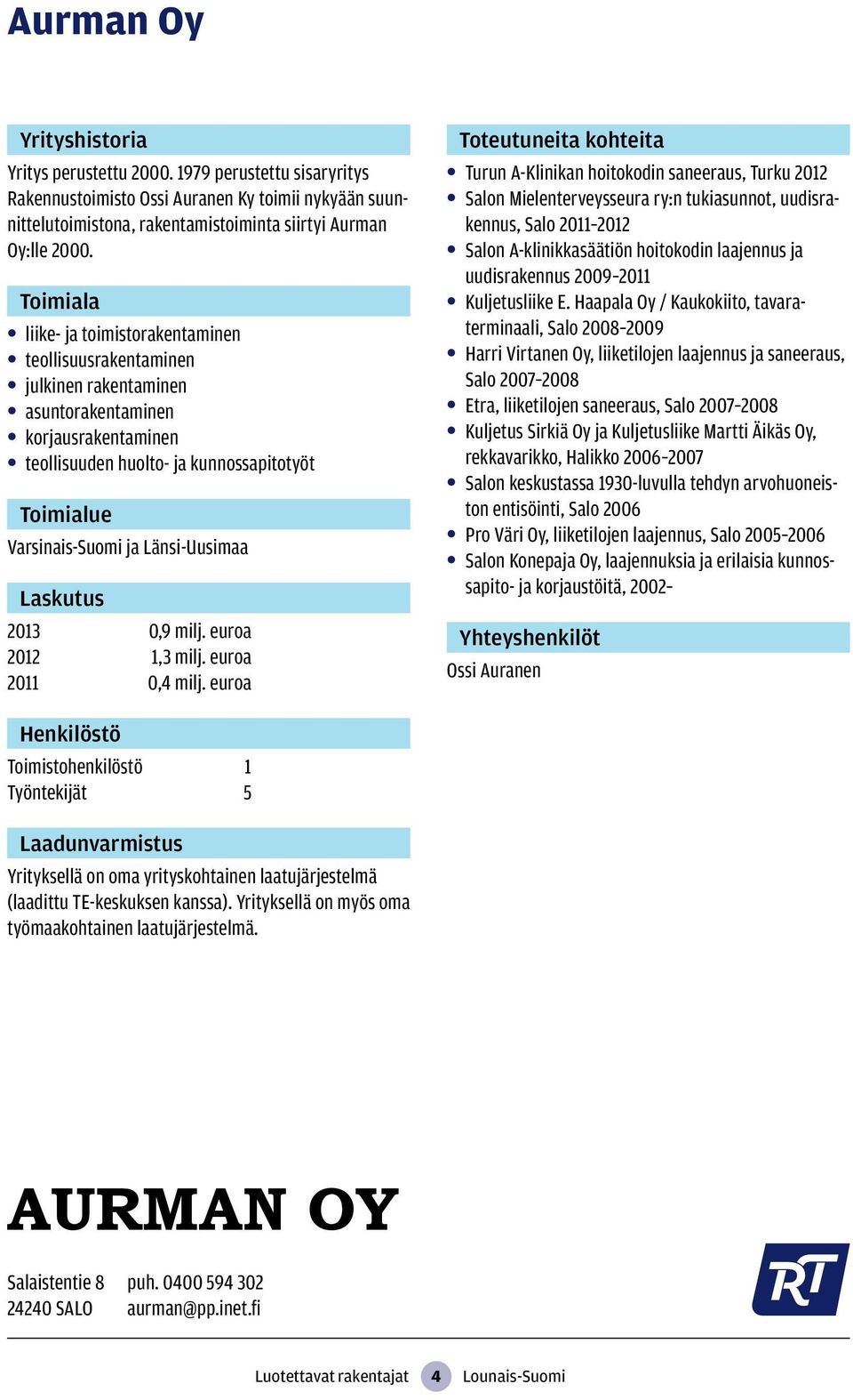 euroa Toteutuneita kohteita Turun A-Klinikan hoitokodin saneeraus, Turku 2012 Salon Mielenterveysseura ry:n tukiasunnot, uudisrakennus, Salo 2011 2012 Salon A-klinikkasäätiön hoitokodin laajennus ja