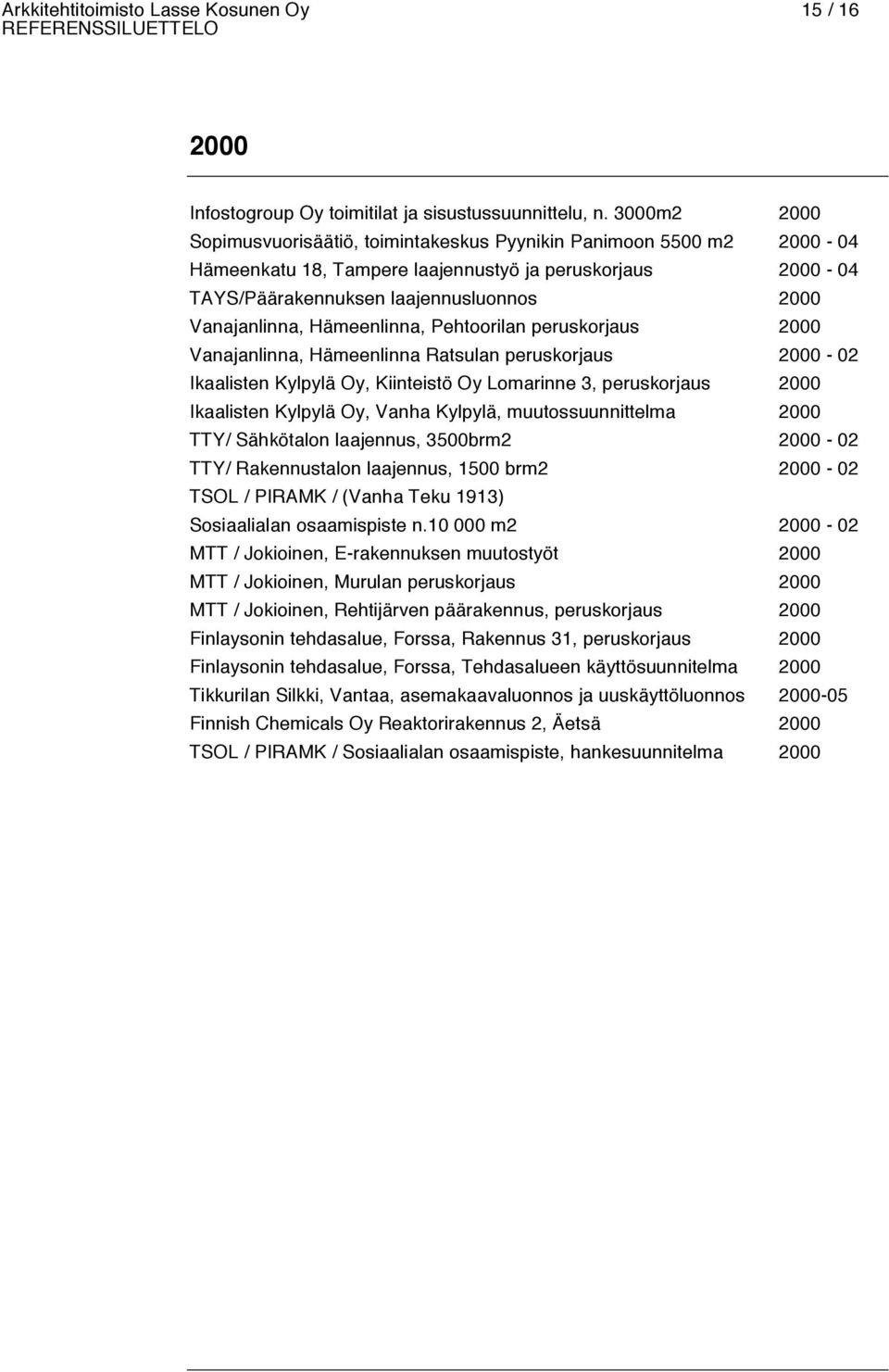 Hämeenlinna, Pehtoorilan peruskorjaus 2000 Vanajanlinna, Hämeenlinna Ratsulan peruskorjaus 2000-02 Ikaalisten Kylpylä Oy, Kiinteistö Oy Lomarinne 3, peruskorjaus 2000 Ikaalisten Kylpylä Oy, Vanha