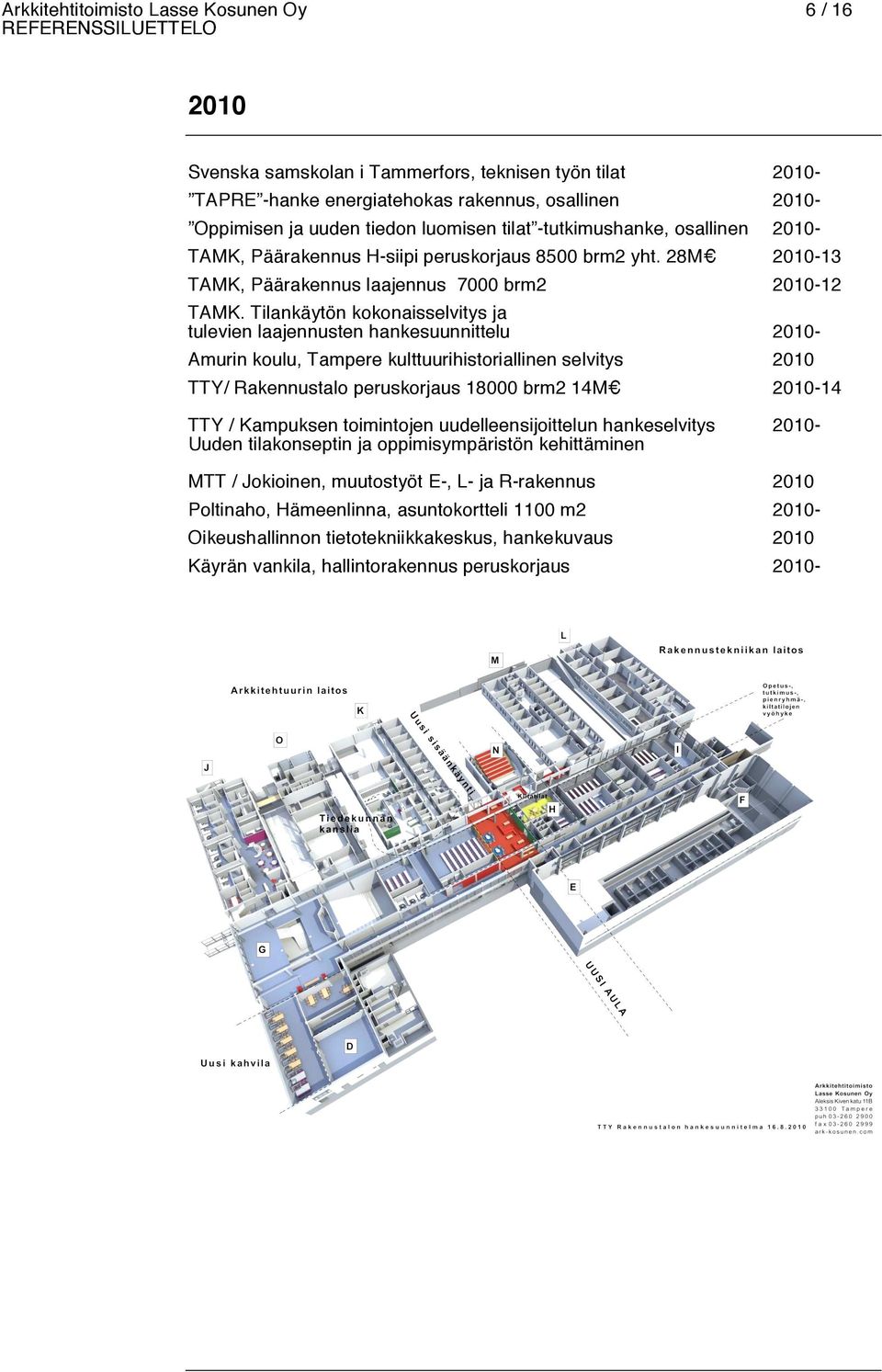 Tilankäytön kokonaisselvitys ja tulevien laajennusten hankesuunnittelu 2010- Amurin koulu, Tampere kulttuurihistoriallinen selvitys 2010 TTY/ Rakennustalo peruskorjaus 18000 brm2 14M 2010-14 TTY /