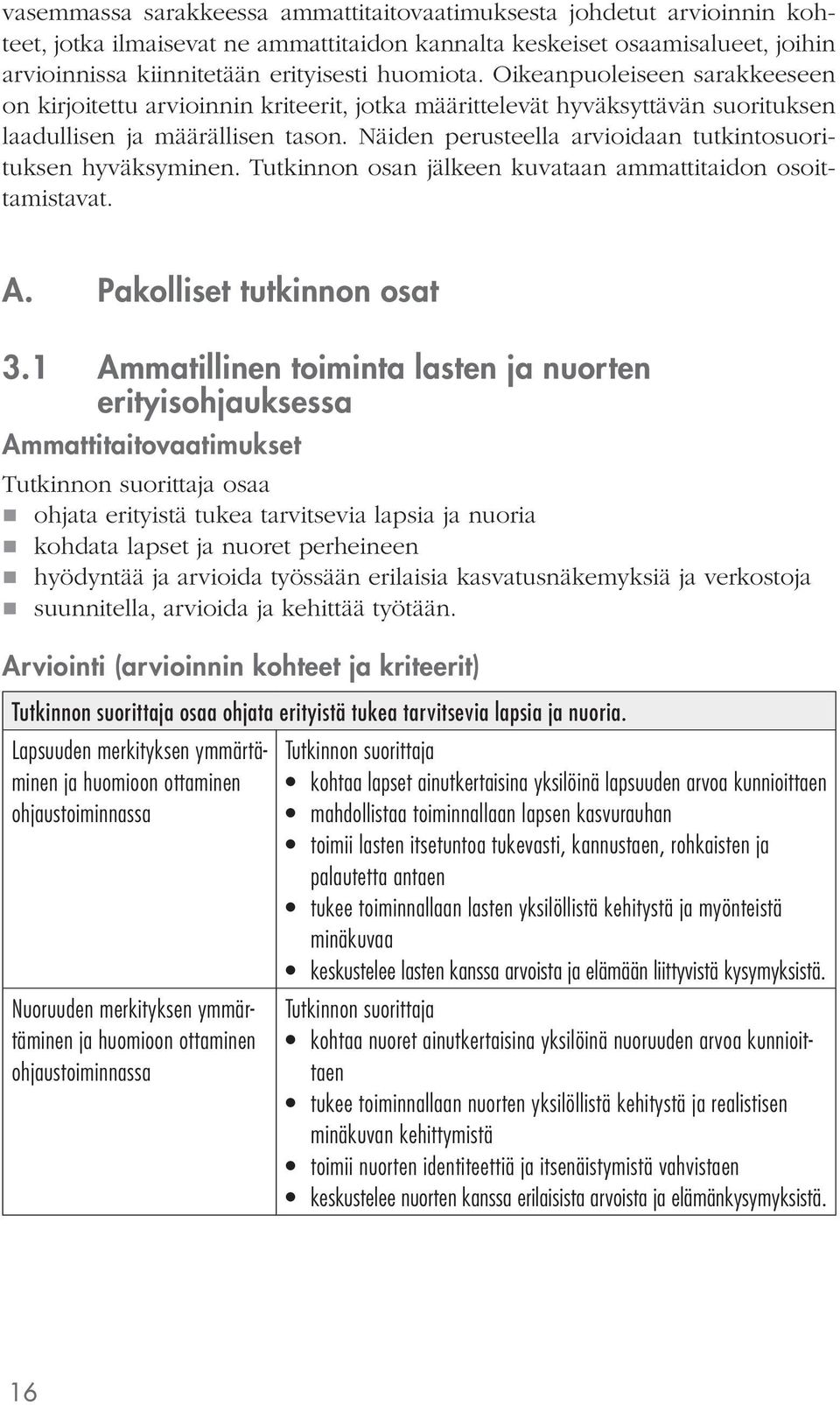 Näiden perusteella arvioidaan tutkintosuorituksen hyväksyminen. Tutkinnon osan jälkeen kuvataan ammattitaidon osoittamistavat. A. Pakolliset tutkinnon osat 3.