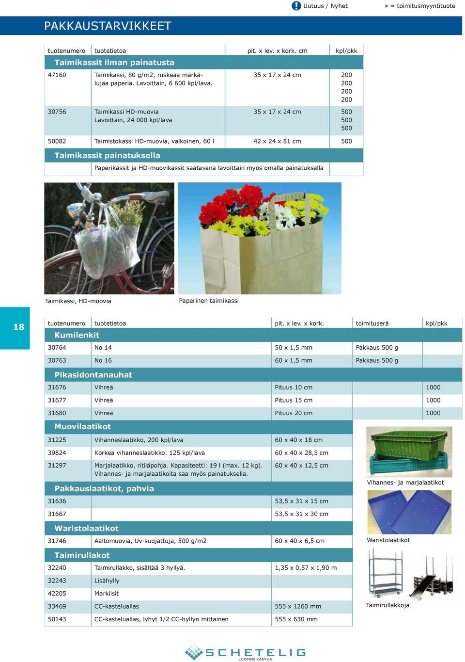 painatuksella Paperikassit ja HD-muovikassit saatavana lavoittain myös omalla painatuksella Taimikassi, HD-muovia Paperinen taimikassi 18 tuotenumero tuotetietoa pit. x lev. x kork.