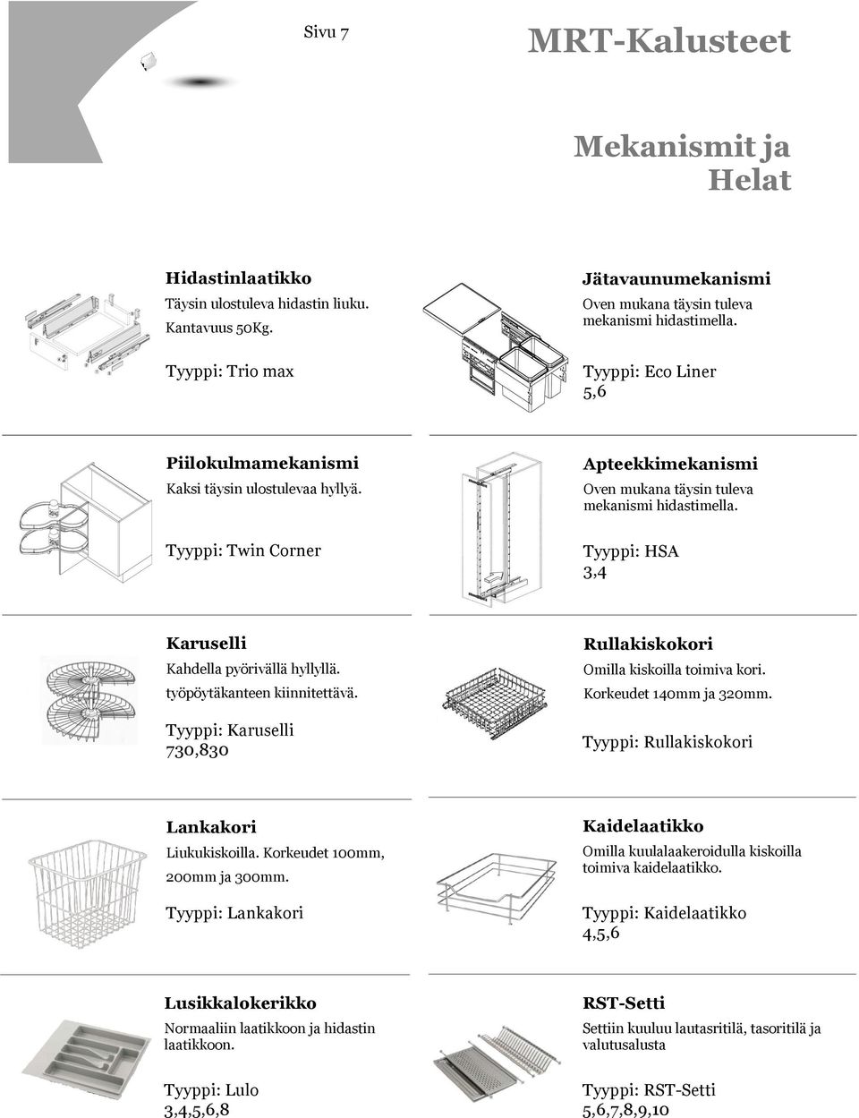 Tyyppi: HSA 3,4 Karuselli Kahdella pyörivällä hyllyllä. työpöytäkanteen kiinnitettävä. Tyyppi: Karuselli 730,830 Rullakiskokori Omilla kiskoilla toimiva kori. Korkeudet 140mm ja 320mm.