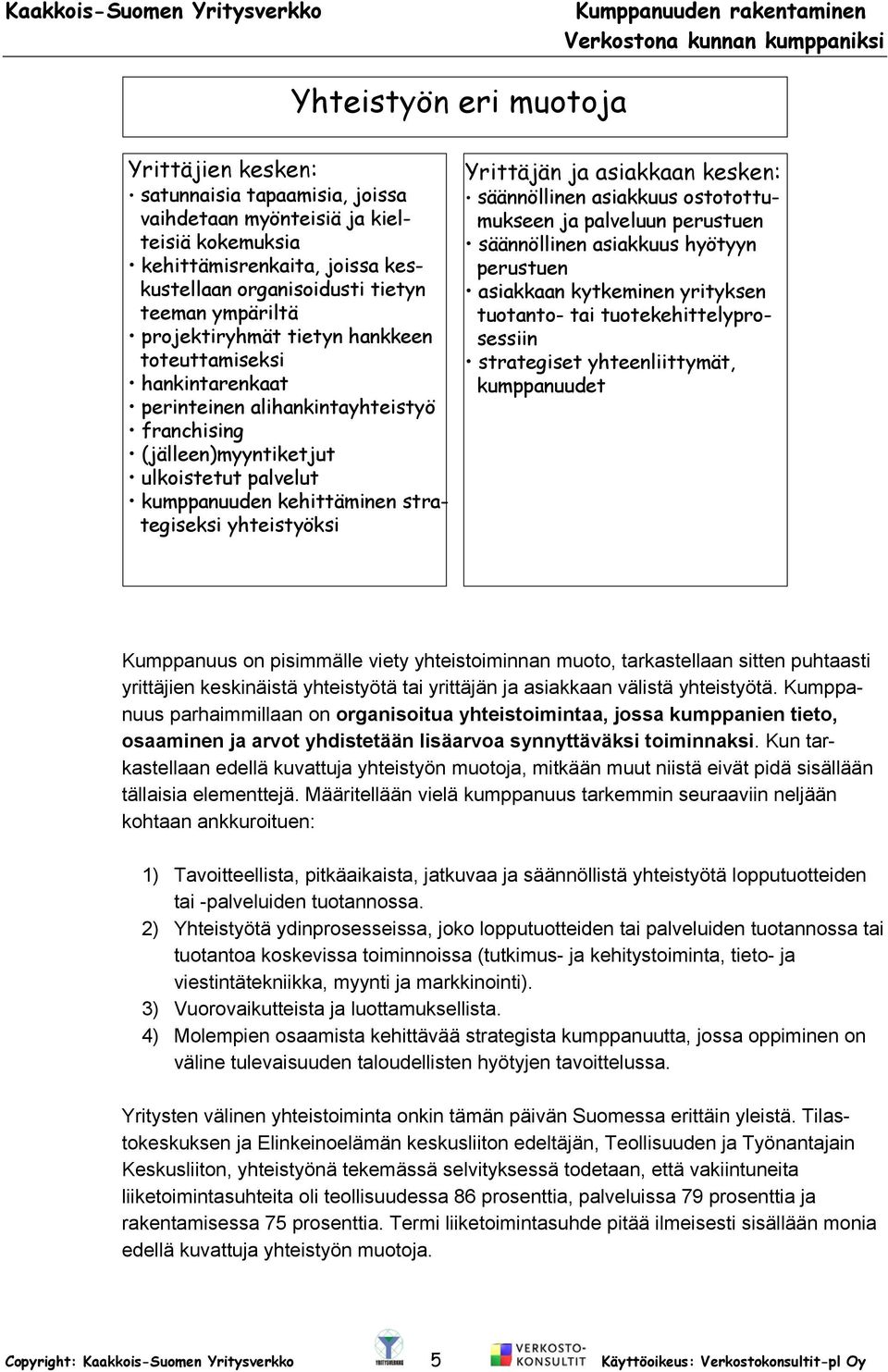 yhteistyöksi Yrittäjän ja asiakkaan kesken: säännöllinen asiakkuus ostotottumukseen ja palveluun perustuen säännöllinen asiakkuus hyötyyn perustuen asiakkaan kytkeminen yrityksen tuotanto- tai