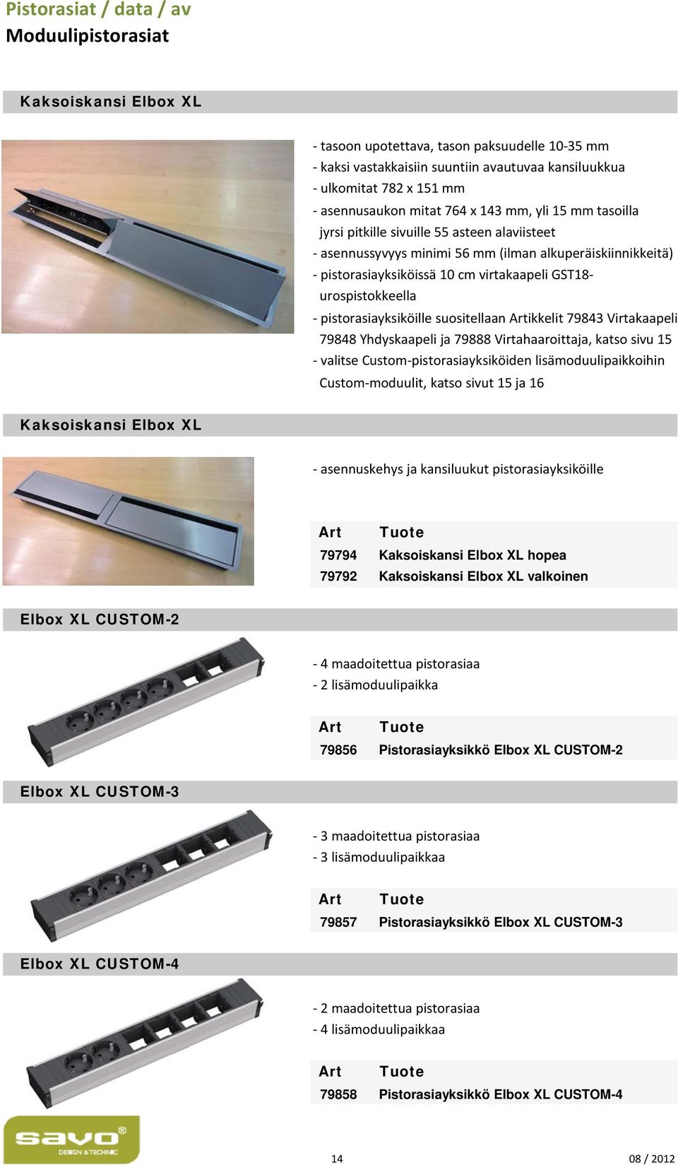 pistorasiayksiköille suositellaan ikkelit 79843 Virtakaapeli 79848 Yhdyskaapeli ja 79888 Virtahaaroittaja, katso sivu 15 valitse Custom pistorasiayksiköiden lisämoduulipaikkoihin Custom moduulit,