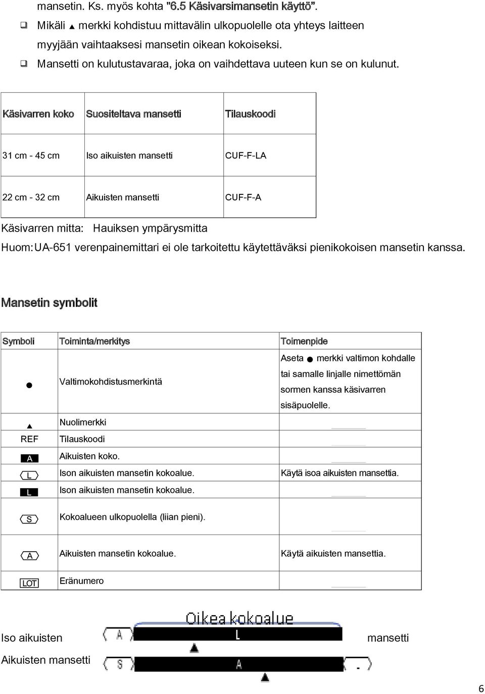 Käsivarren koko Suositeltava mansetti Tilauskoodi 31 cm - 45 cm Iso aikuisten mansetti CUF-F-LA 22 cm - 32 cm Aikuisten mansetti CUF-F-A Käsivarren mitta: Hauiksen ympärysmitta Huom: UA-651