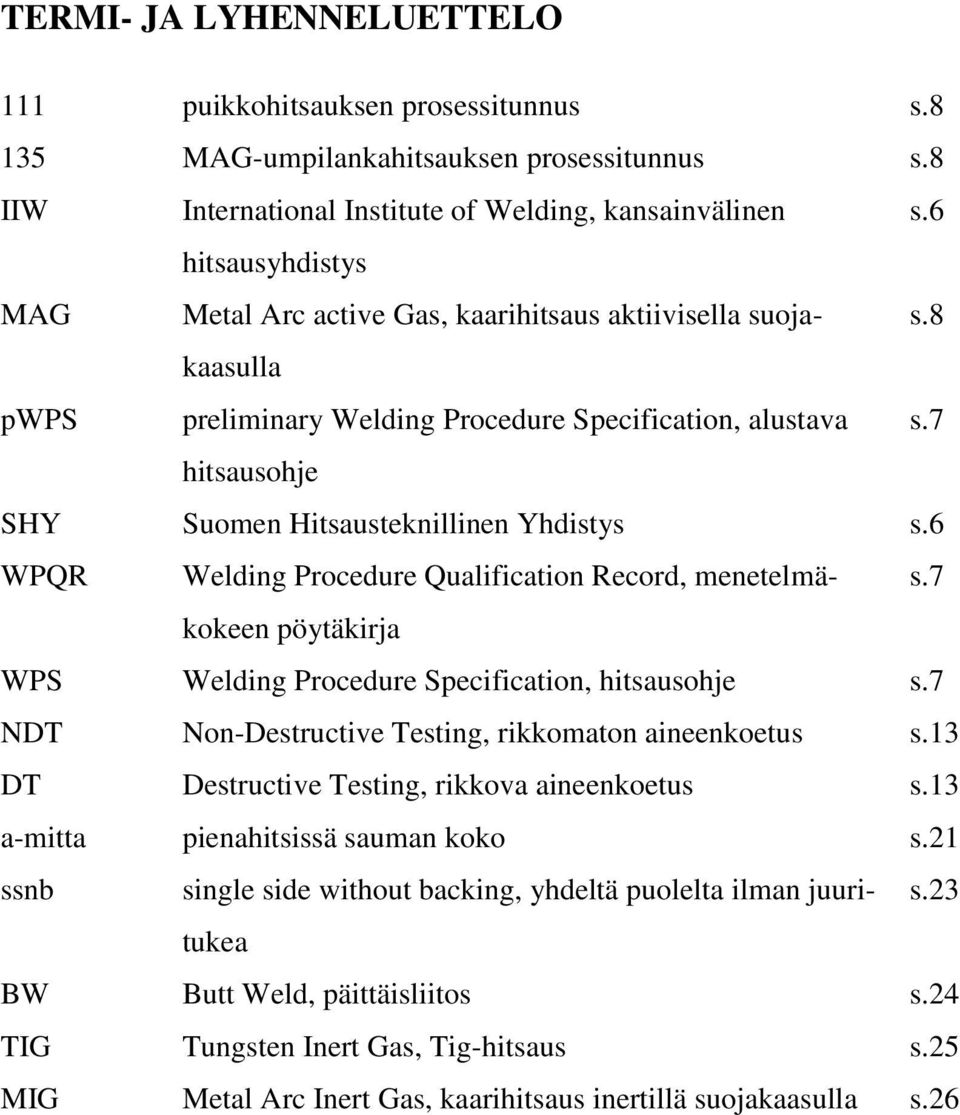 7 hitsausohje SHY Suomen Hitsausteknillinen Yhdistys s.6 WPQR Welding Procedure Qualification Record, menetelmä- s.7 kokeen pöytäkirja WPS Welding Procedure Specification, hitsausohje s.