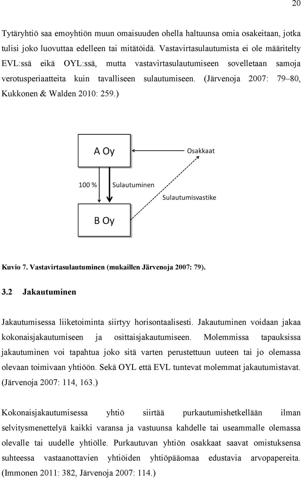 (Järvenoja 2007: 79 80, Kukkonen & Walden 2010: 259.) Kuvio 7. Vastavirtasulautuminen (mukaillen Järvenoja 2007: 79). 3.2 Jakautuminen Jakautumisessa liiketoiminta siirtyy horisontaalisesti.