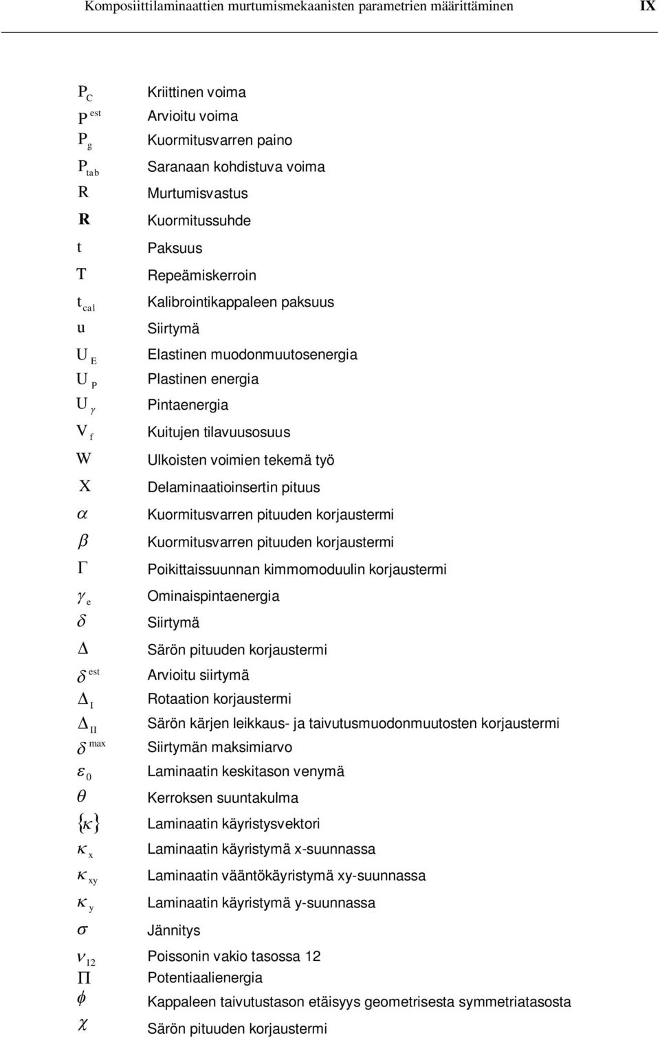 voimien tekemä työ Delaminaatioinsertin pituus Kuormitusvarren pituuden korjaustermi Kuormitusvarren pituuden korjaustermi Poikittaissuunnan kimmomoduulin korjaustermi Ominaispintaenergia Siirtymä