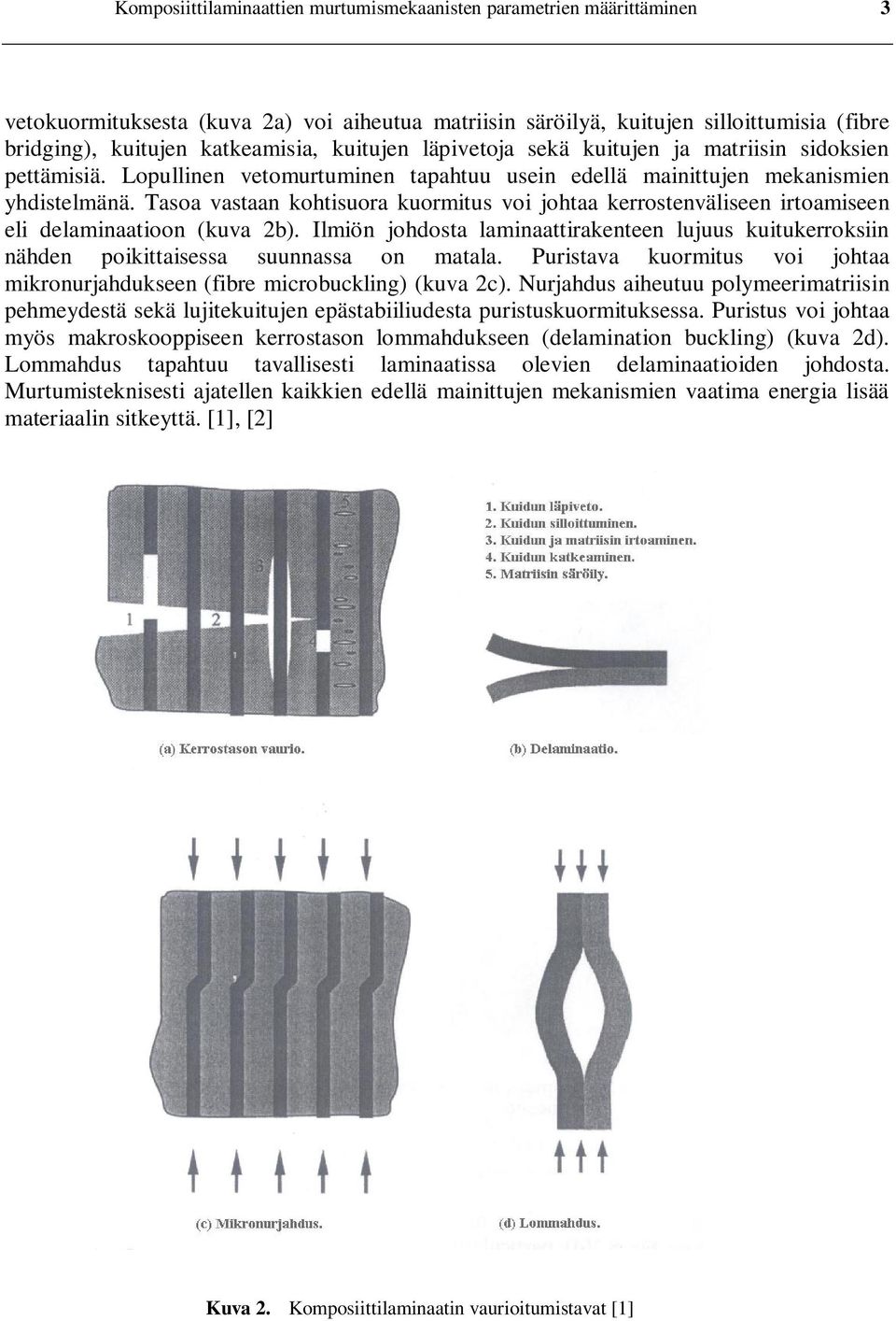 Tasoa vastaan kohtisuora kuormitus voi johtaa kerrostenväliseen irtoamiseen eli delaminaatioon (kuva 2b).