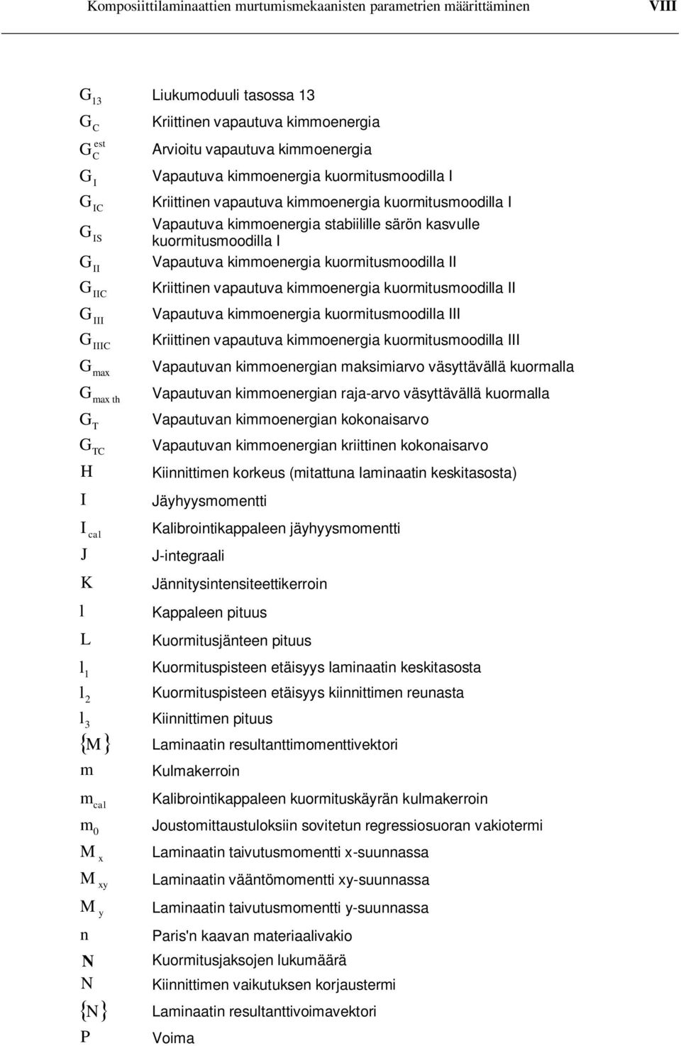 kuormitusmoodilla II G Kriittinen vapautuva kimmoenergia kuormitusmoodilla II G III Vapautuva kimmoenergia kuormitusmoodilla III G Kriittinen vapautuva kimmoenergia kuormitusmoodilla III IIIC G