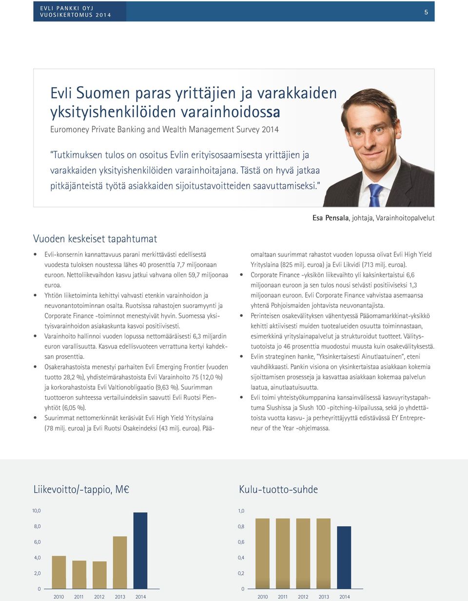 Vuoden keskeiset tapahtumat Esa Pensala, johtaja, Varainhoitopalvelut Evli-konsernin kannattavuus parani merkittävästi edellisestä vuodesta tuloksen noustessa lähes 40 prosenttia 7,7 miljoonaan