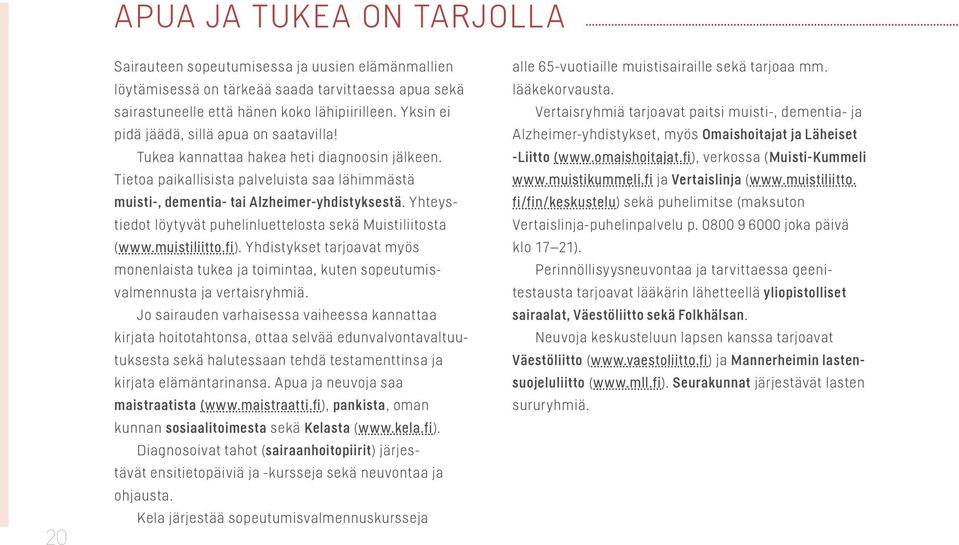 Yhteystiedot löytyvät puhelinluettelosta sekä Muistiliitosta (www.muistiliitto.fi). Yhdistykset tarjoavat myös monenlaista tukea ja toimintaa, kuten sopeutumisvalmennusta ja vertaisryhmiä.