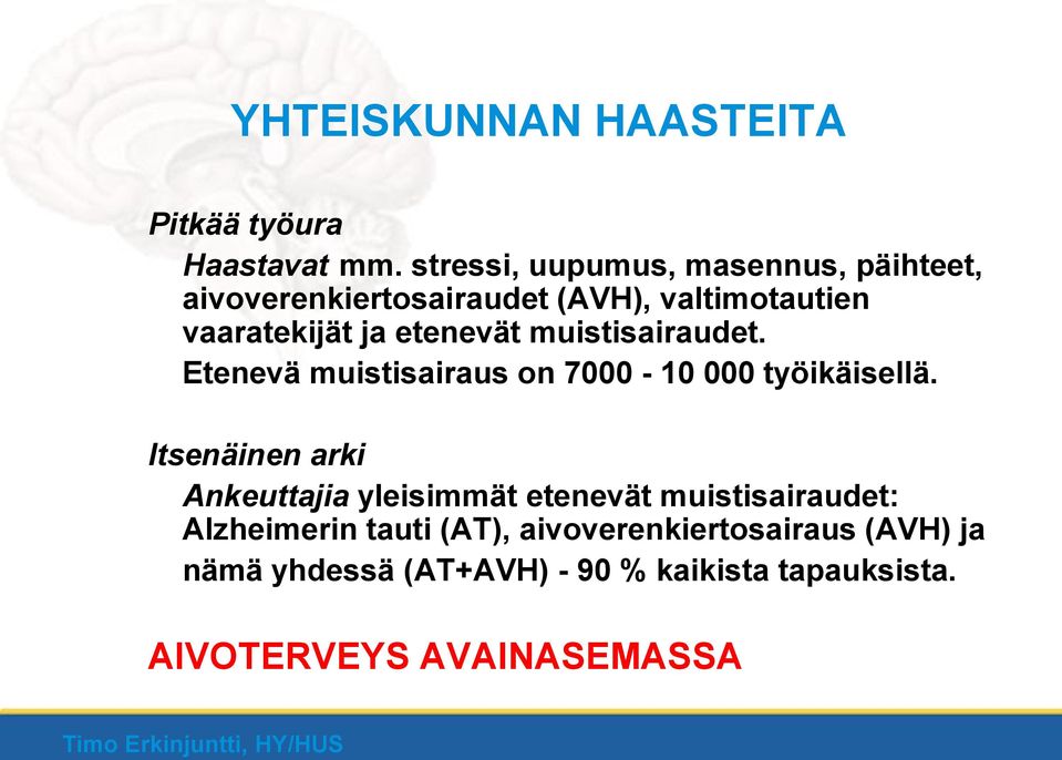 muistisairaudet. Etenevä muistisairaus on 7000-10 000 työikäisellä.