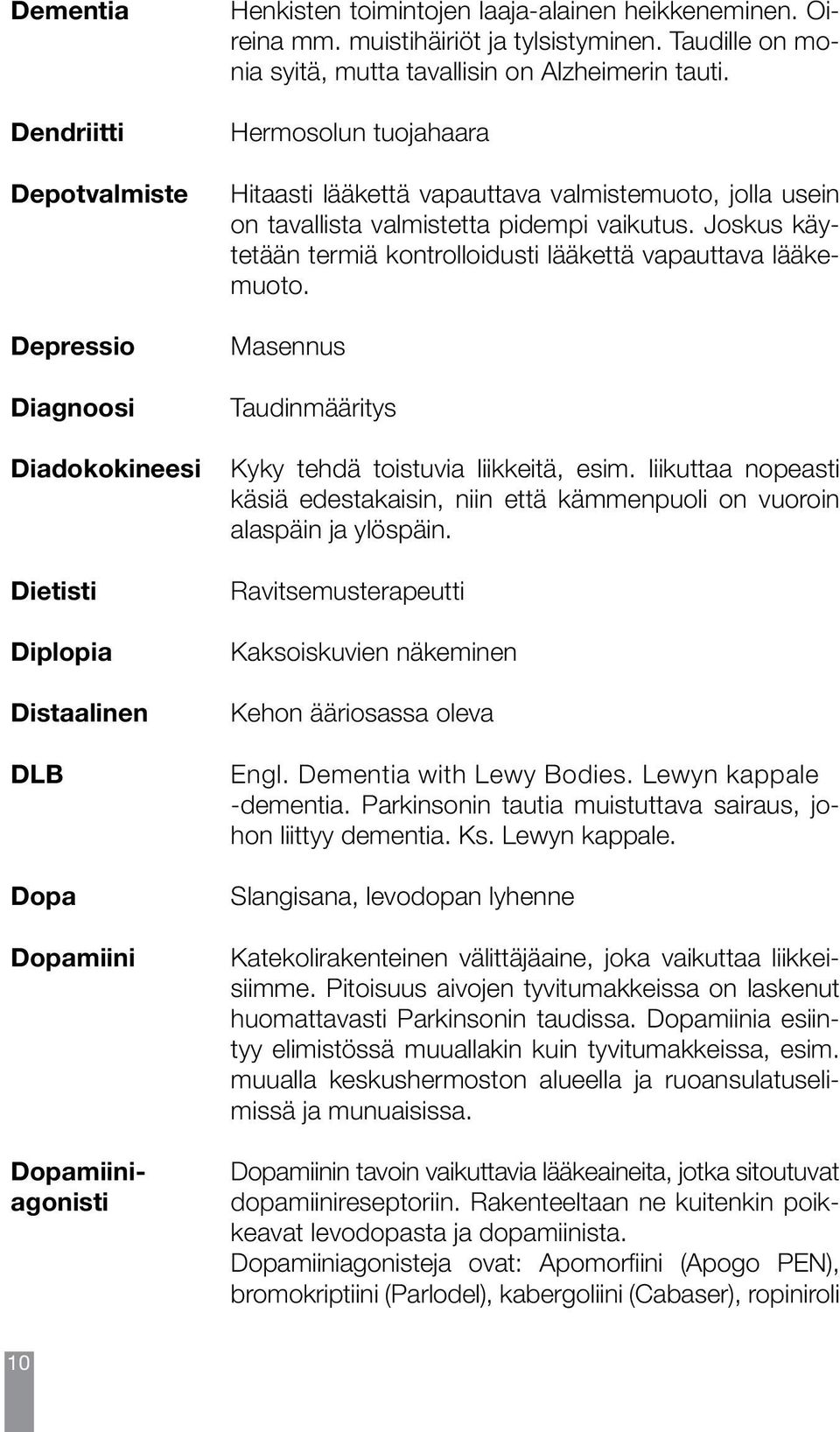 Joskus käytetään termiä kontrolloidusti lääkettä vapauttava lääkemuoto. Masennus Taudinmääritys Diadokokineesi Kyky tehdä toistuvia liikkeitä, esim.