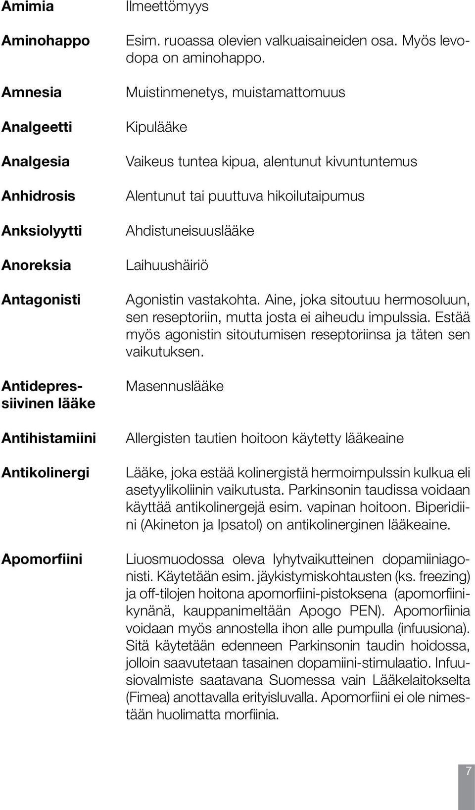 Muistinmenetys, muistamattomuus Kipulääke Vaikeus tuntea kipua, alentunut kivuntuntemus Alentunut tai puuttuva hikoilutaipumus Ahdistuneisuuslääke Laihuushäiriö Agonistin vastakohta.