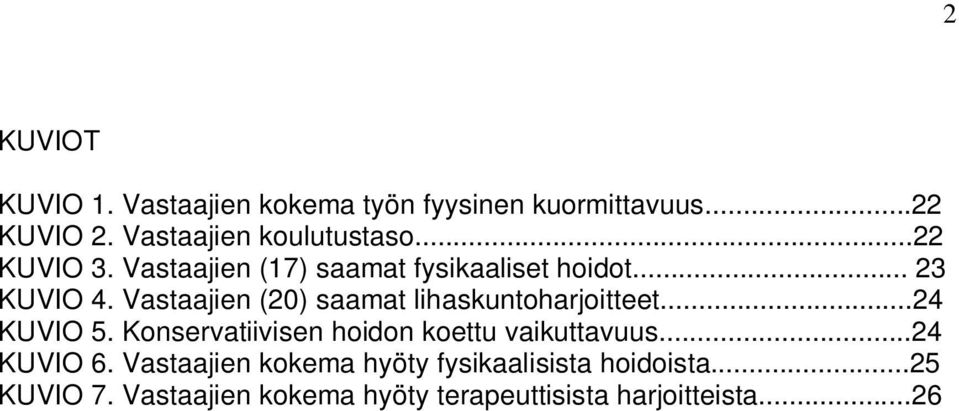 Vastaajien (20) saamat lihaskuntoharjoitteet...24 KUVIO 5. Konservatiivisen hoidon koettu vaikuttavuus.