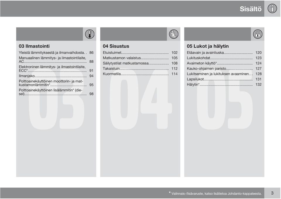 .. 94 Polttoainekäyttöinen moottorin- ja matkustamonlämmitin*... 95 Polttoainekäyttöinen lisälämmitin* (diesel)... 98 05 Lukot ja hälytin 05 Etäavain ja avainliuska.