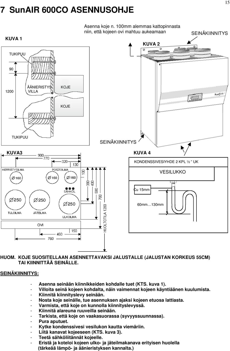 Cu 15mm 60mm 130mm HUOM. KOJE SUOSITELLAAN ASENNETTAVAKSI JALUSTALLE (JALUSTAN KORKEUS 55CM) TAI KIINNITTÄÄ SEINÄLLE. SEINÄKIINNITYS: - Asenna seinään kiinnikkeiden kohdalle tuet (KTS. kuva 1).