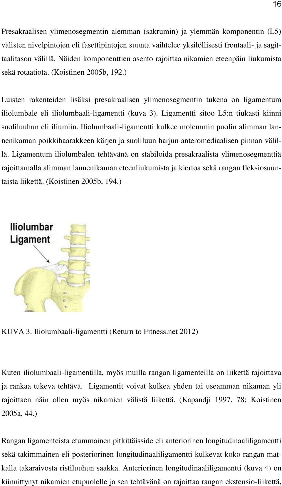 ) Luisten rakenteiden lisäksi presakraalisen ylimenosegmentin tukena on ligamentum iliolumbale eli iliolumbaali-ligamentti (kuva 3). Ligamentti sitoo L5:n tiukasti kiinni suoliluuhun eli iliumiin.
