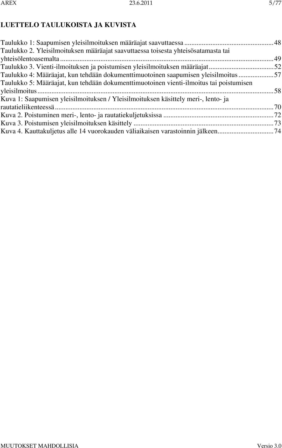 ..52 Taulukko 4: Määräajat, kun tehdään dokumenttimuotoinen saapumisen yleisilmoitus...57 Taulukko 5: Määräajat, kun tehdään dokumenttimuotoinen vienti-ilmoitus tai poistumisen yleisilmoitus.