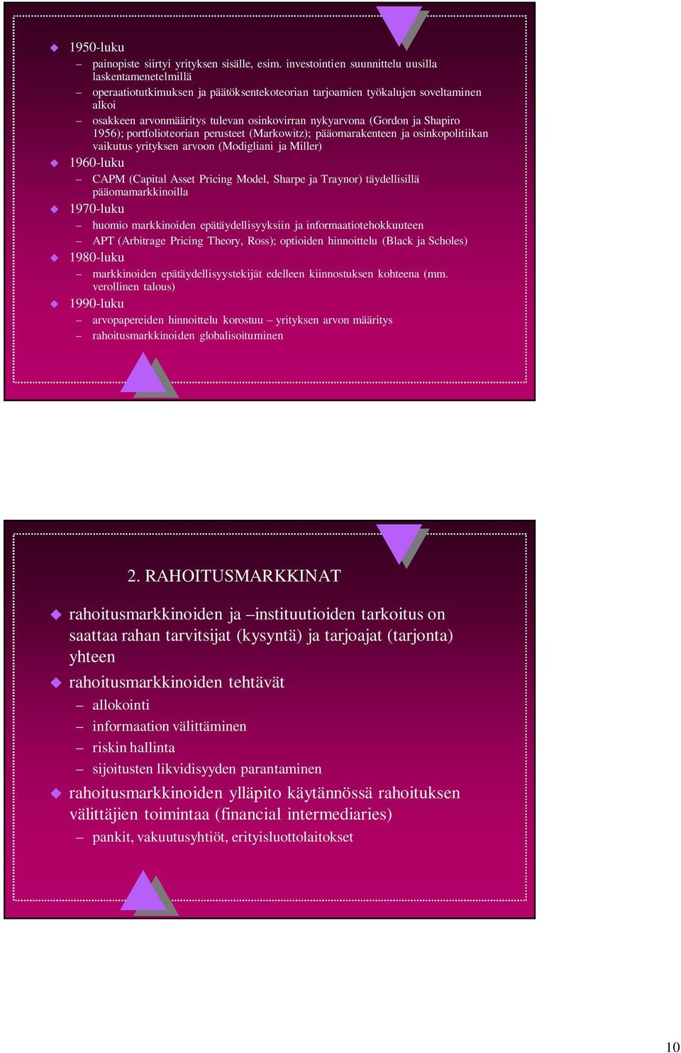 (Gordon ja Shapiro 1956); portfolioteorian perusteet (Markowitz); pääomarakenteen ja osinkopolitiikan vaikutus yrityksen arvoon (Modigliani ja Miller) 1960-luku CAPM (Capital Asset Pricing Model,