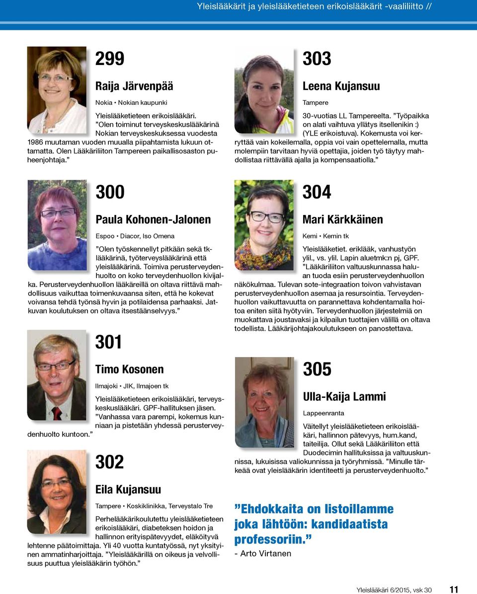 300 Paula Kohonen-Jalonen Espoo Diacor, Iso Omena Olen työskennellyt pitkään sekä tklää kärinä, työterveyslääkärinä että yleislääkärinä.
