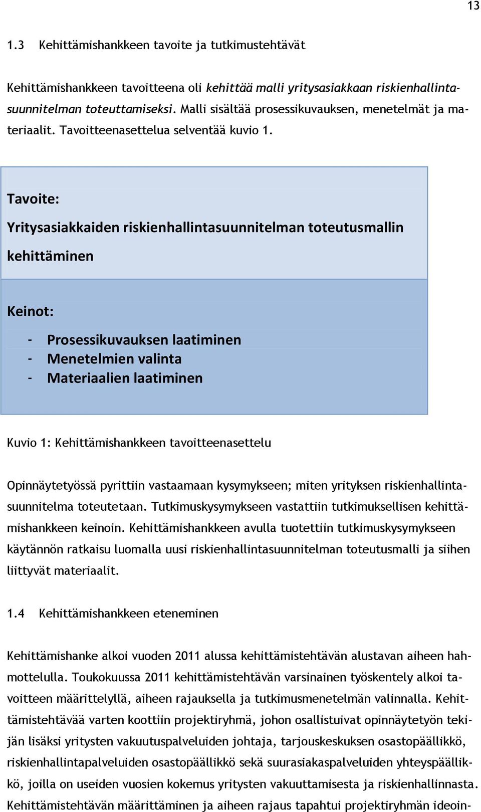 Tavoite: Yritysasiakkaiden riskienhallintasuunnitelman toteutusmallin kehittäminen Keinot: - Prosessikuvauksen laatiminen - Menetelmien valinta - Materiaalien laatiminen Kuvio 1: Kehittämishankkeen