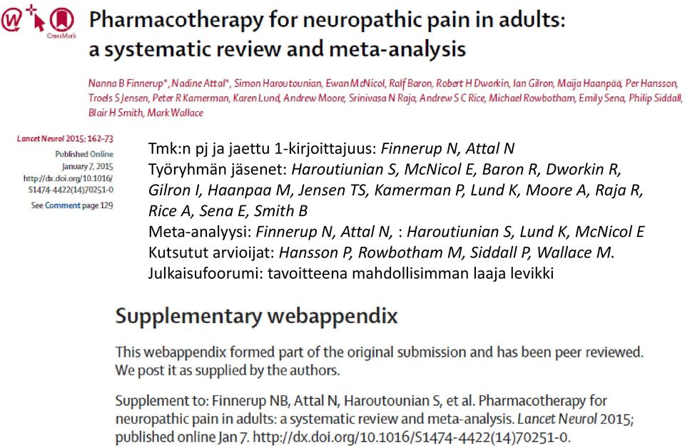 E, Smith B Meta-analyysi: Finnerup N, Attal N, : Haroutiunian S, Lund K, McNicol E Kutsutut arvioijat: