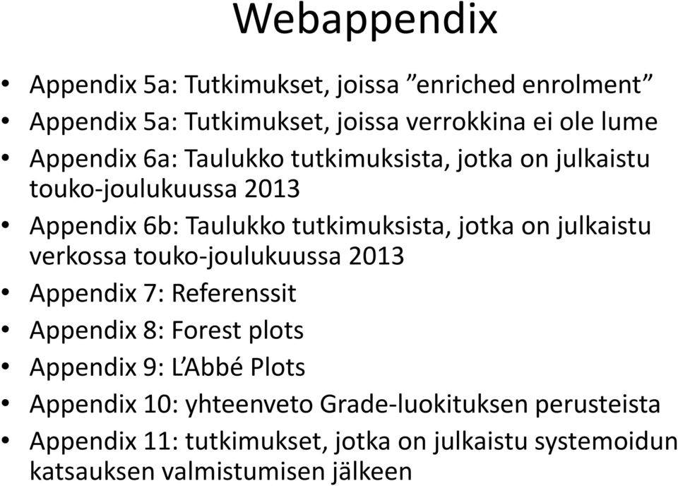 julkaistu verkossa touko-joulukuussa 2013 Appendix 7: Referenssit Appendix 8: Forest plots Appendix 9: L Abbé Plots Appendix