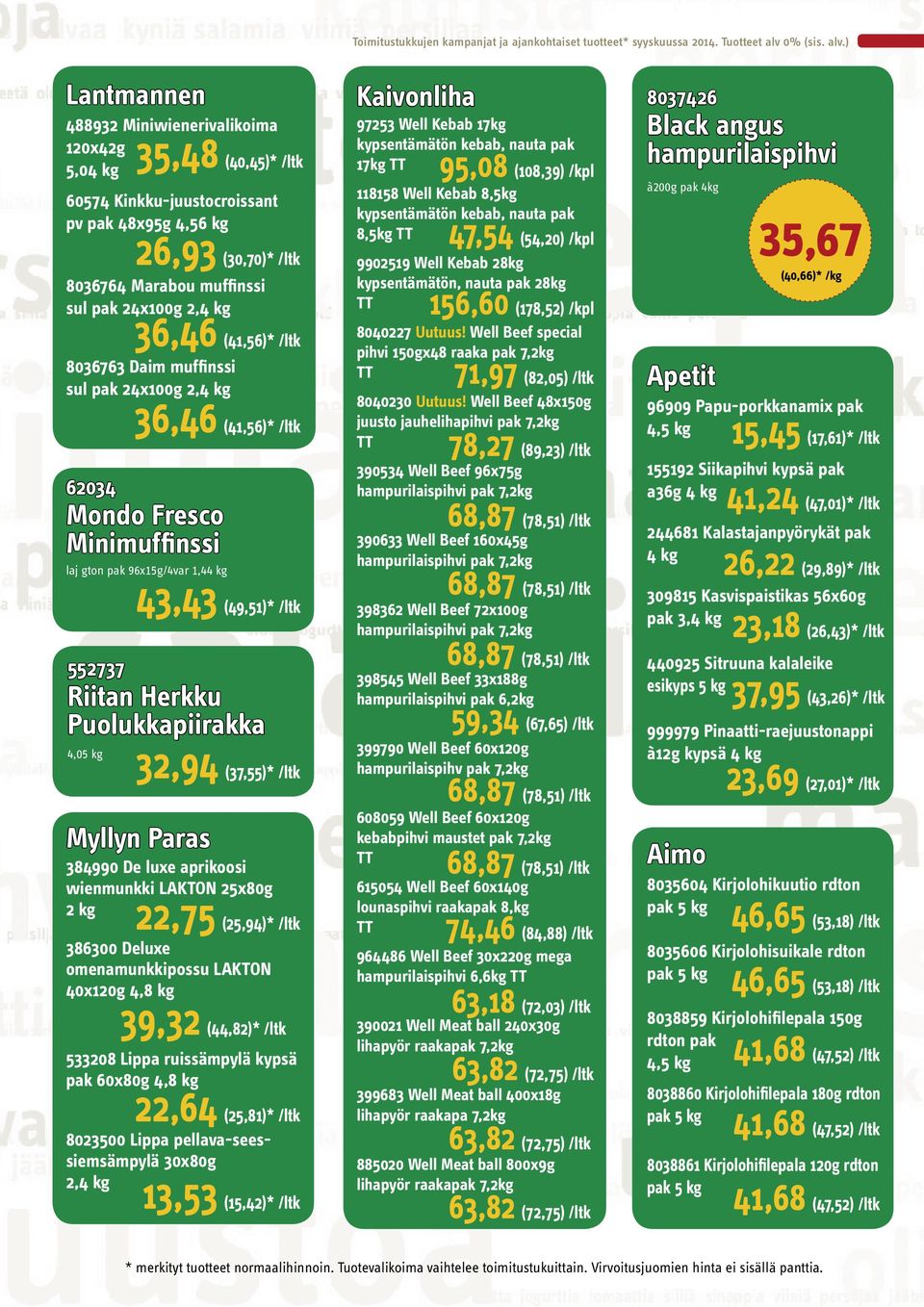 (108,39) /kpl 118158 Well Kebab 8,5kg kypsentämätön kebab, nauta pak 8,5kg 47,54 (54,20) /kpl 60574 Kinkku-juustocroissant pv pak 48x95g 4,56 kg 26,93 (30,70)* /ltk 8036764 Marabou muffinssi sul pak