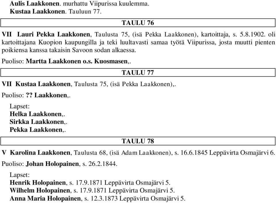 TAULU 77 VII Kustaa Laakkonen, Taulusta 75, (isä Pekka Laakkonen),. Puoliso:?? Laakkonen,. Helka Laakkonen,. Sirkka Laakkonen,. Pekka Laakkonen,.