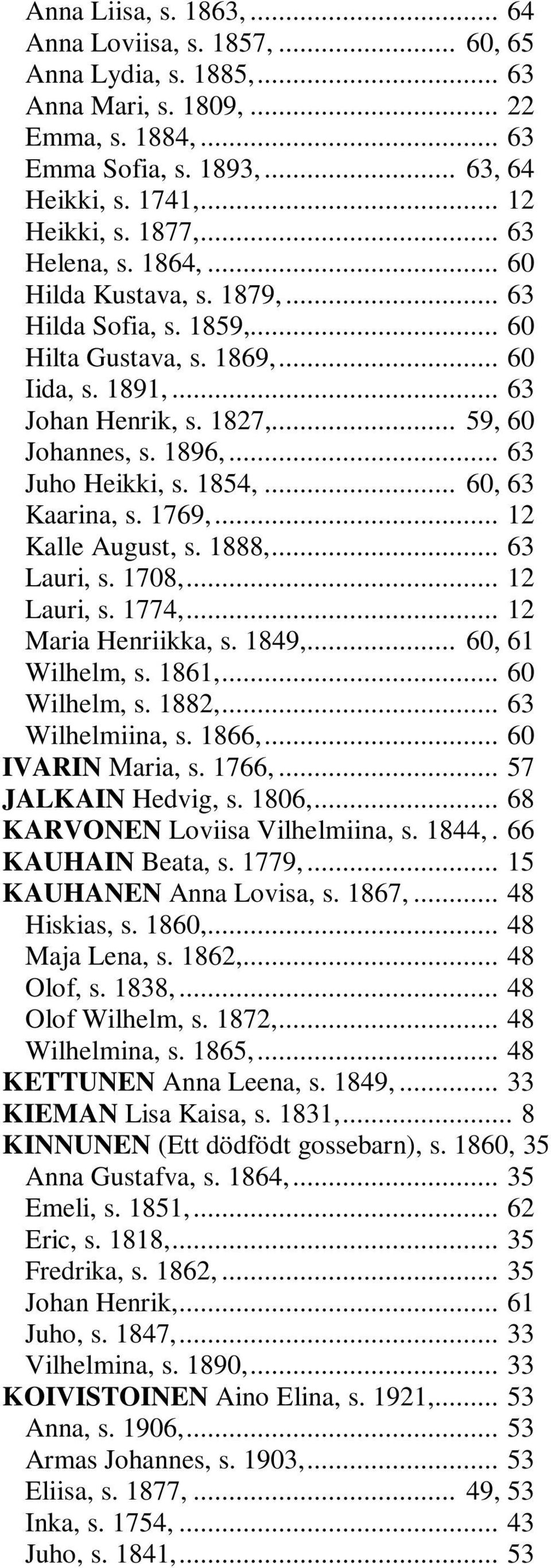 .. 63 Juho Heikki, s. 1854,... 60, 63 Kaarina, s. 1769,... 12 Kalle August, s. 1888,... 63 Lauri, s. 1708,... 12 Lauri, s. 1774,... 12 Maria Henriikka, s. 1849,... 60, 61 Wilhelm, s. 1861,.