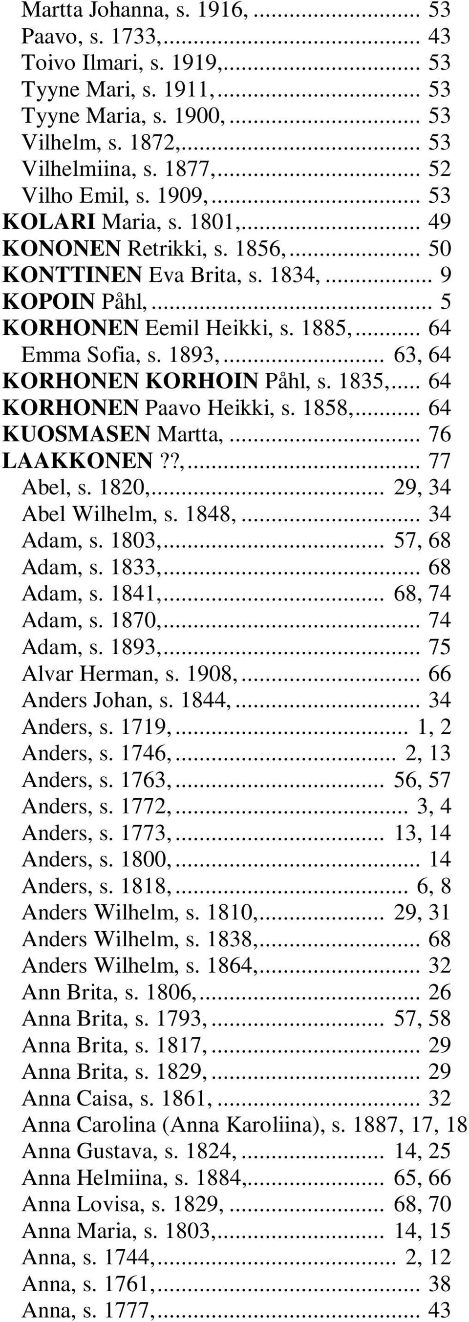 1893,... 63, 64 KORHONEN KORHOIN Påhl, s. 1835,... 64 KORHONEN Paavo Heikki, s. 1858,... 64 KUOSMASEN Martta,... 76 LAAKKONEN??,... 77 Abel, s. 1820,... 29, 34 Abel Wilhelm, s. 1848,... 34 Adam, s.