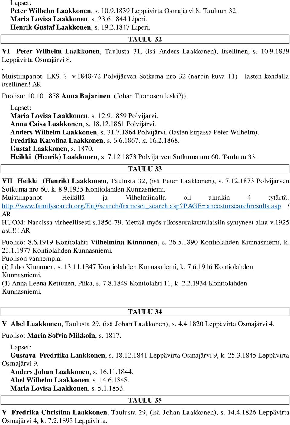 1848-72 Polvijärven Sotkuma nro 32 (narcin kuva 11) lasten kohdalla itsellinen! AR Puoliso: 10.10.1858 Anna Bajarinen. (Johan Tuonosen leski?)). Maria Lovisa Laakkonen, s. 12.9.1859 Polvijärvi.