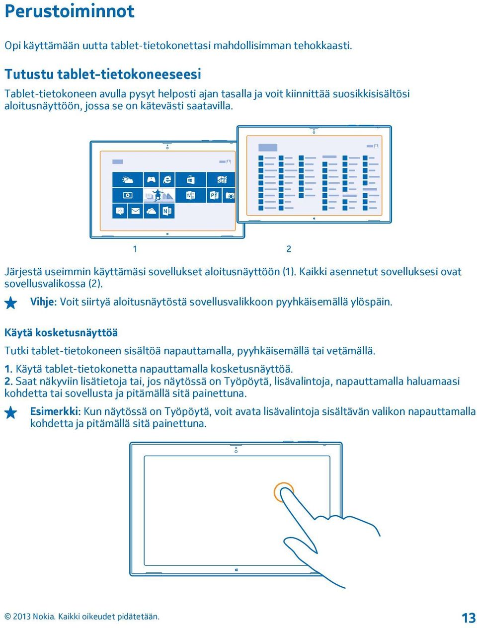 Järjestä useimmin käyttämäsi sovellukset aloitusnäyttöön (1). Kaikki asennetut sovelluksesi ovat sovellusvalikossa (2). Vihje: Voit siirtyä aloitusnäytöstä sovellusvalikkoon pyyhkäisemällä ylöspäin.