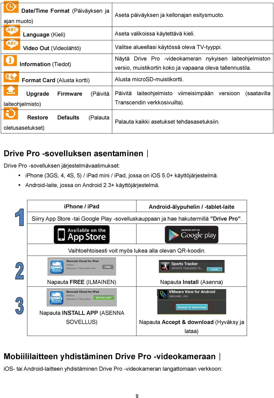 Näytä Drive Pro -videokameran nykyisen laiteohjelmiston versio, muistikortin koko ja vapaana oleva tallennustila. Alusta microsd-muistikortti.