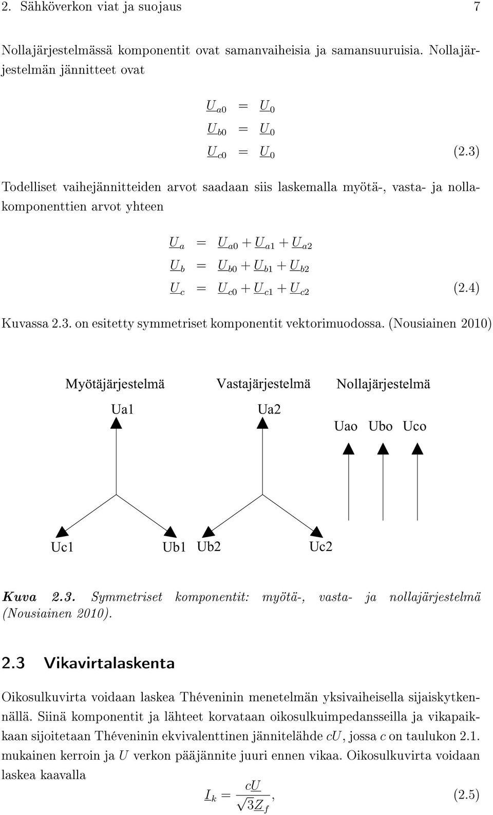 4) Kuvassa 2.3. on esitetty symmetriset komponentit vektorimuodossa. (Nousiainen 2010) Kuva 2.3. Symmetriset komponentit: myötä-, vasta- ja nollajärjestelmä (Nousiainen 2010). 2.3 Vikavirtalaskenta Oikosulkuvirta voidaan laskea Théveninin menetelmän yksivaiheisella sijaiskytkennällä.