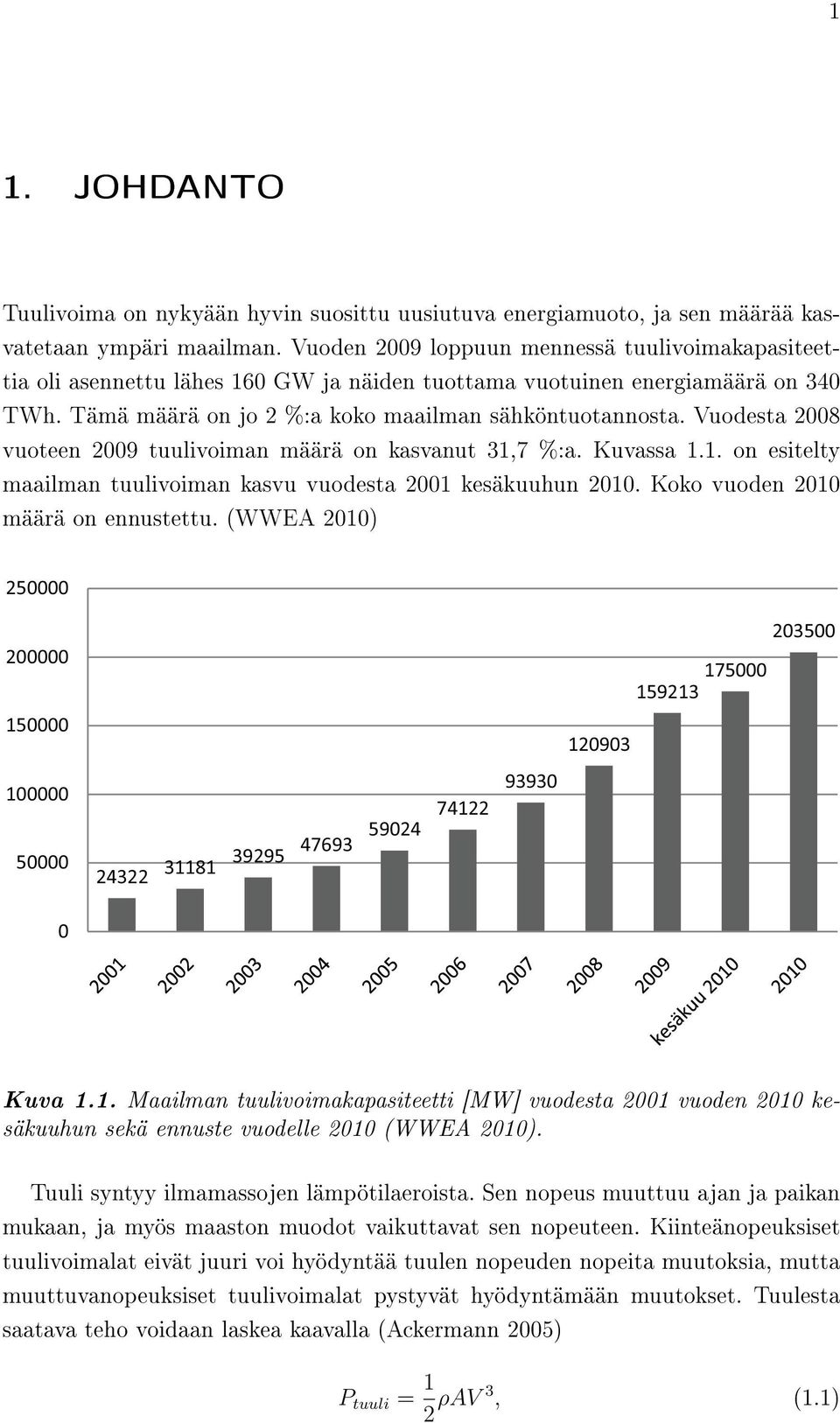 Vuodesta 2008 vuoteen 2009 tuulivoiman määrä on kasvanut 31,7 %:a. Kuvassa 1.1. on esitelty maailman tuulivoiman kasvu vuodesta 2001 kesäkuuhun 2010. Koko vuoden 2010 määrä on ennustettu.