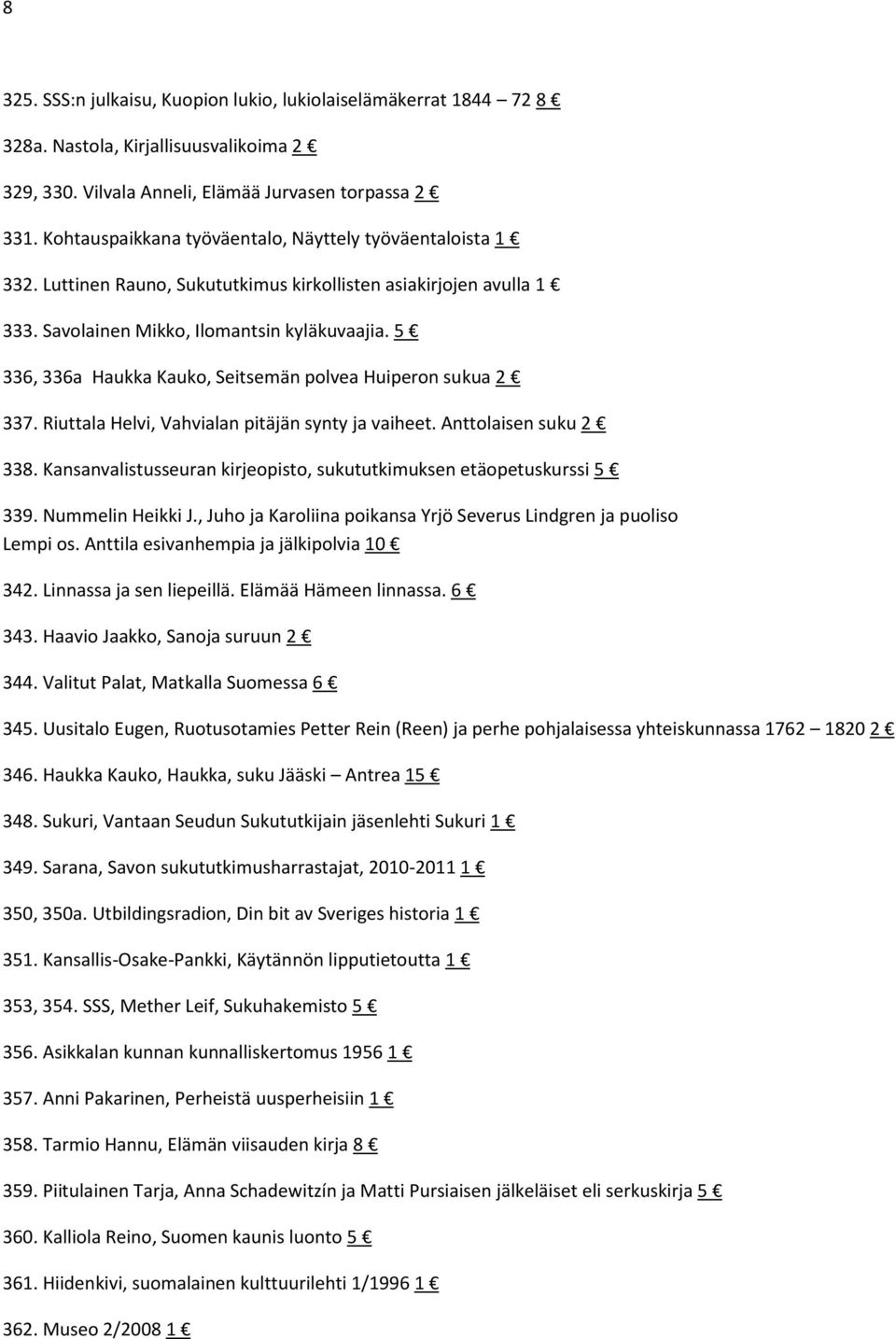 5 336, 336a Haukka Kauko, Seitsemän polvea Huiperon sukua 2 337. Riuttala Helvi, Vahvialan pitäjän synty ja vaiheet. Anttolaisen suku 2 338.