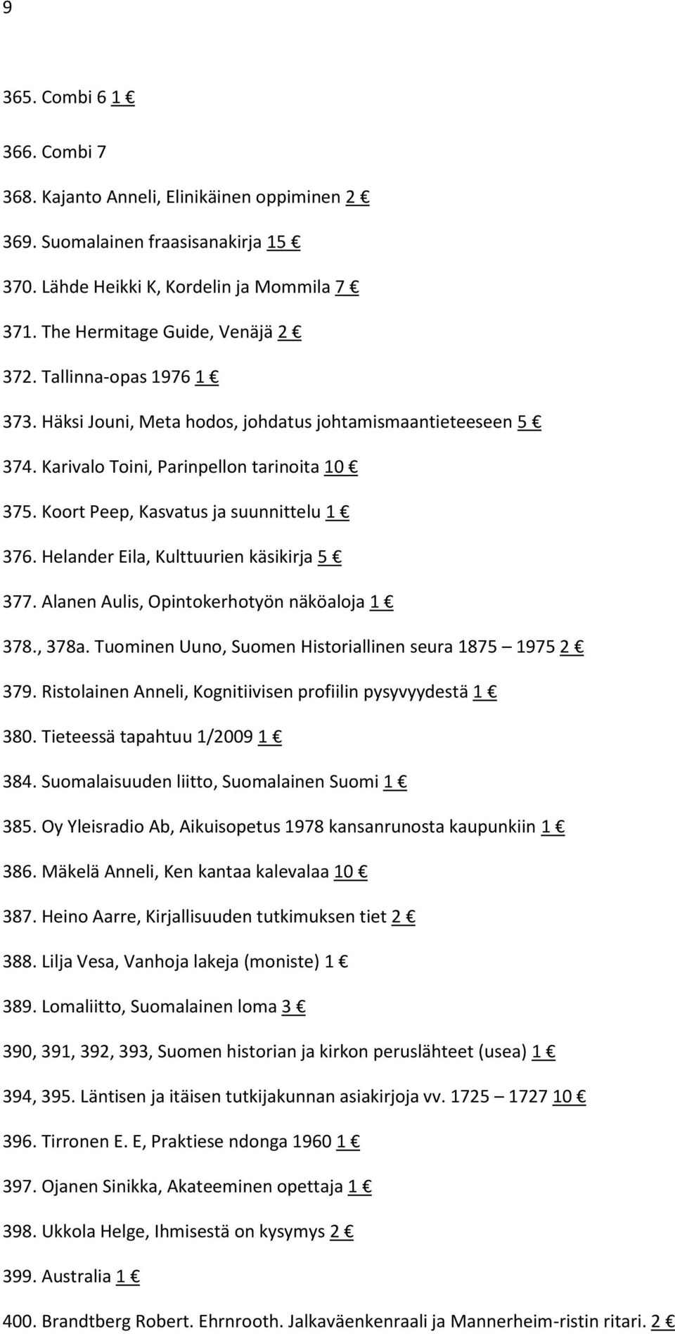 Helander Eila, Kulttuurien käsikirja 5 377. Alanen Aulis, Opintokerhotyön näköaloja 1 378., 378a. Tuominen Uuno, Suomen Historiallinen seura 1875 1975 2 379.