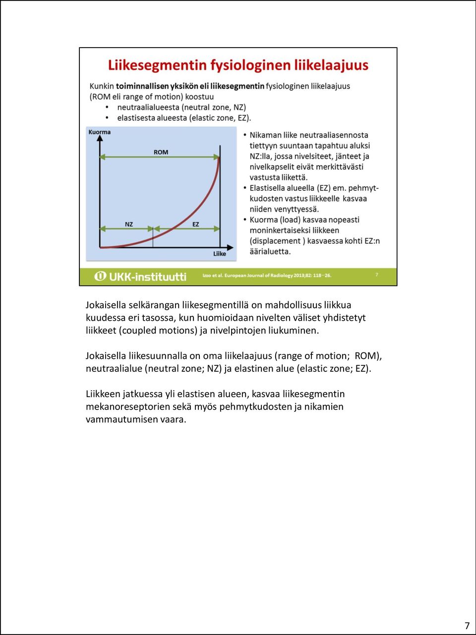 Jokaisella liikesuunnalla on oma liikelaajuus (range of motion; ROM), neutraalialue (neutral zone; NZ) ja elastinen