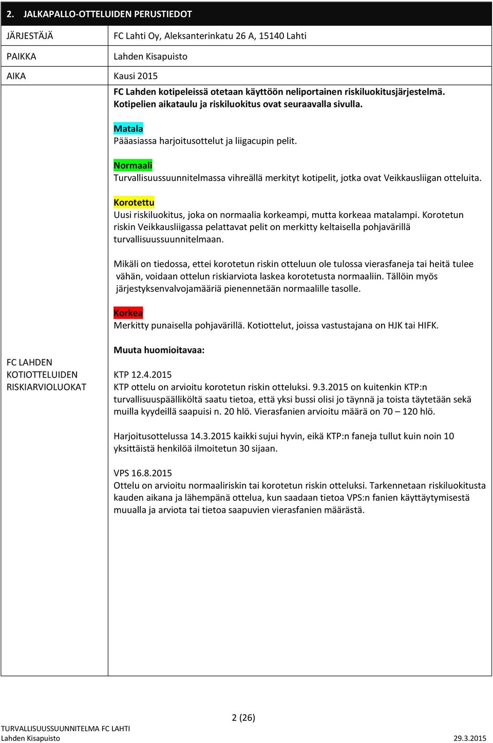 Normaali Turvallisuussuunnitelmassa vihreällä merkityt kotipelit, jotka ovat Veikkausliigan otteluita. Korotettu Uusi riskiluokitus, joka on normaalia korkeampi, mutta korkeaa matalampi.