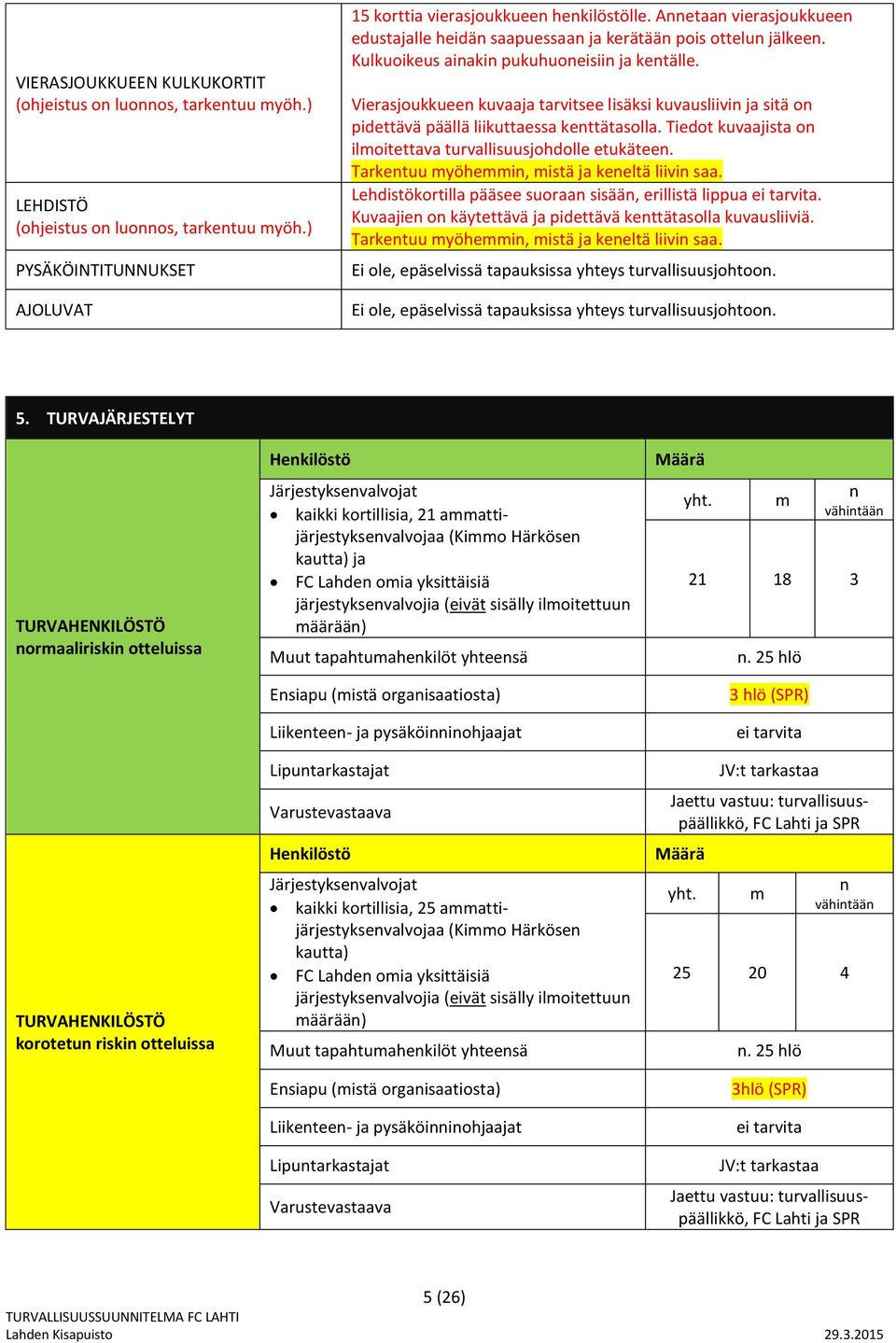 Vierasjoukkueen kuvaaja tarvitsee lisäksi kuvausliivin ja sitä on pidettävä päällä liikuttaessa kenttätasolla. Tiedot kuvaajista on ilmoitettava turvallisuusjohdolle etukäteen.