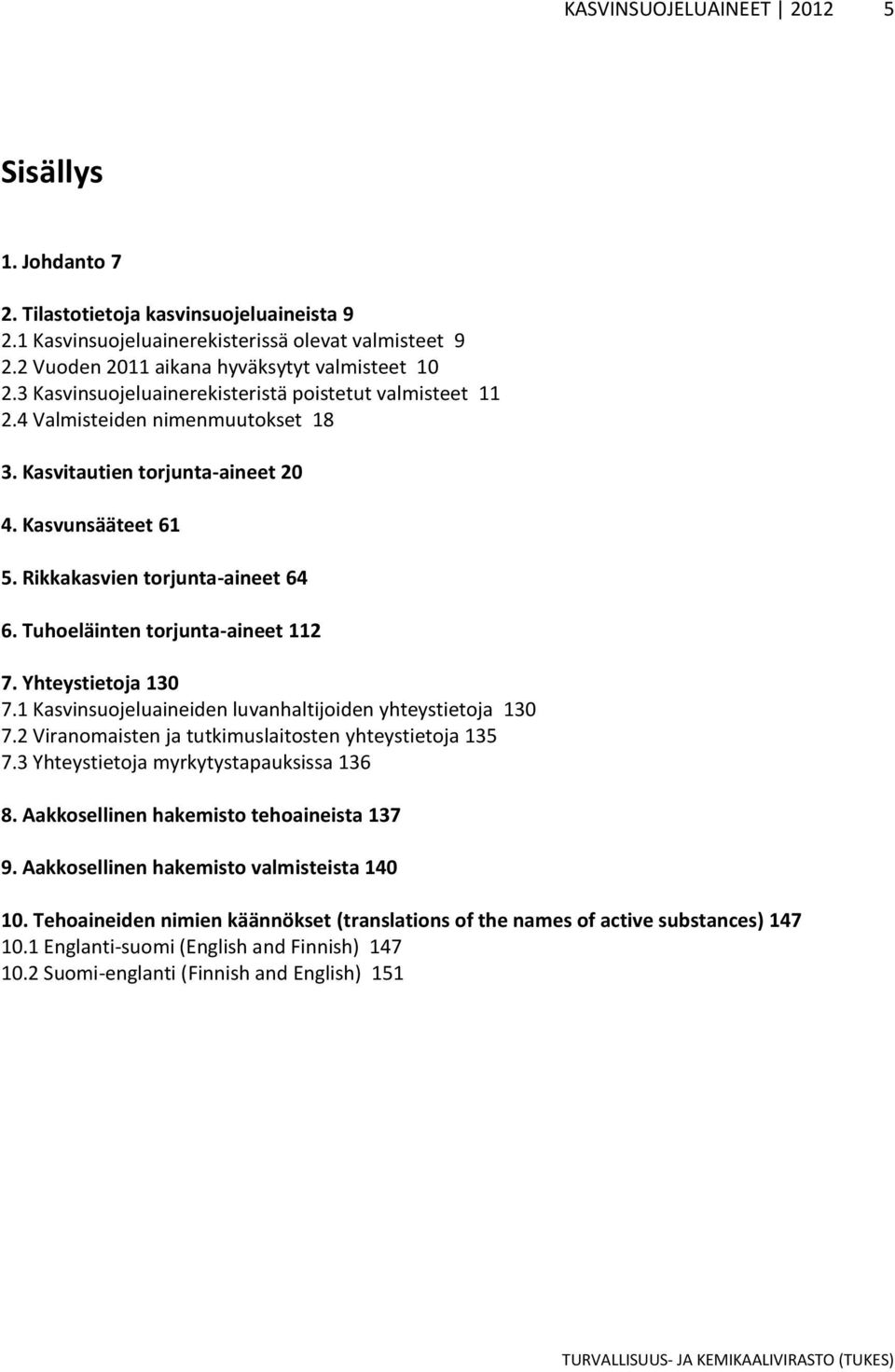 Tuhoeläinten torjunta-aineet 112 7. Yhteystietoja 130 7.1 Kasvinsuojeluaineiden luvanhaltijoiden yhteystietoja 130 7.2 Viranomaisten ja tutkimuslaitosten yhteystietoja 135 7.