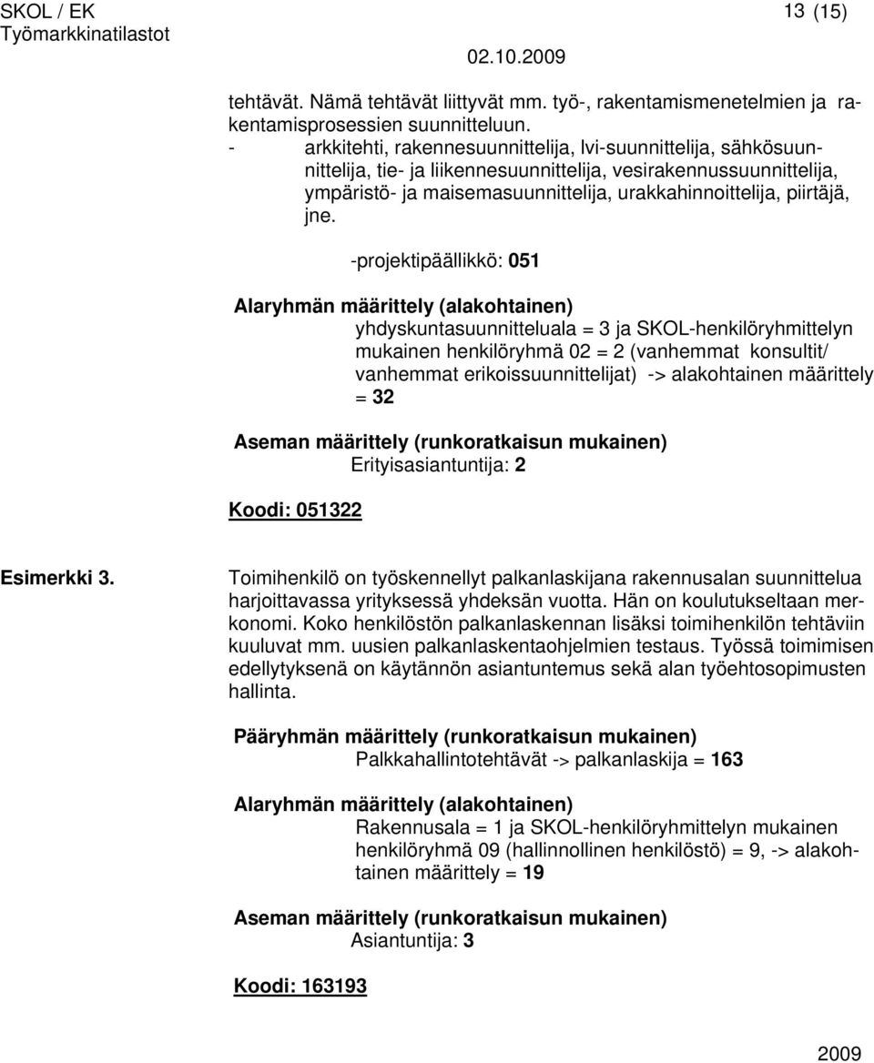 jne. -projektipäällikkö: 051 Alaryhmän määrittely (alakohtainen) yhdyskuntasuunnitteluala = 3 ja SKOL-henkilöryhmittelyn mukainen henkilöryhmä 02 = 2 (vanhemmat konsultit/ vanhemmat