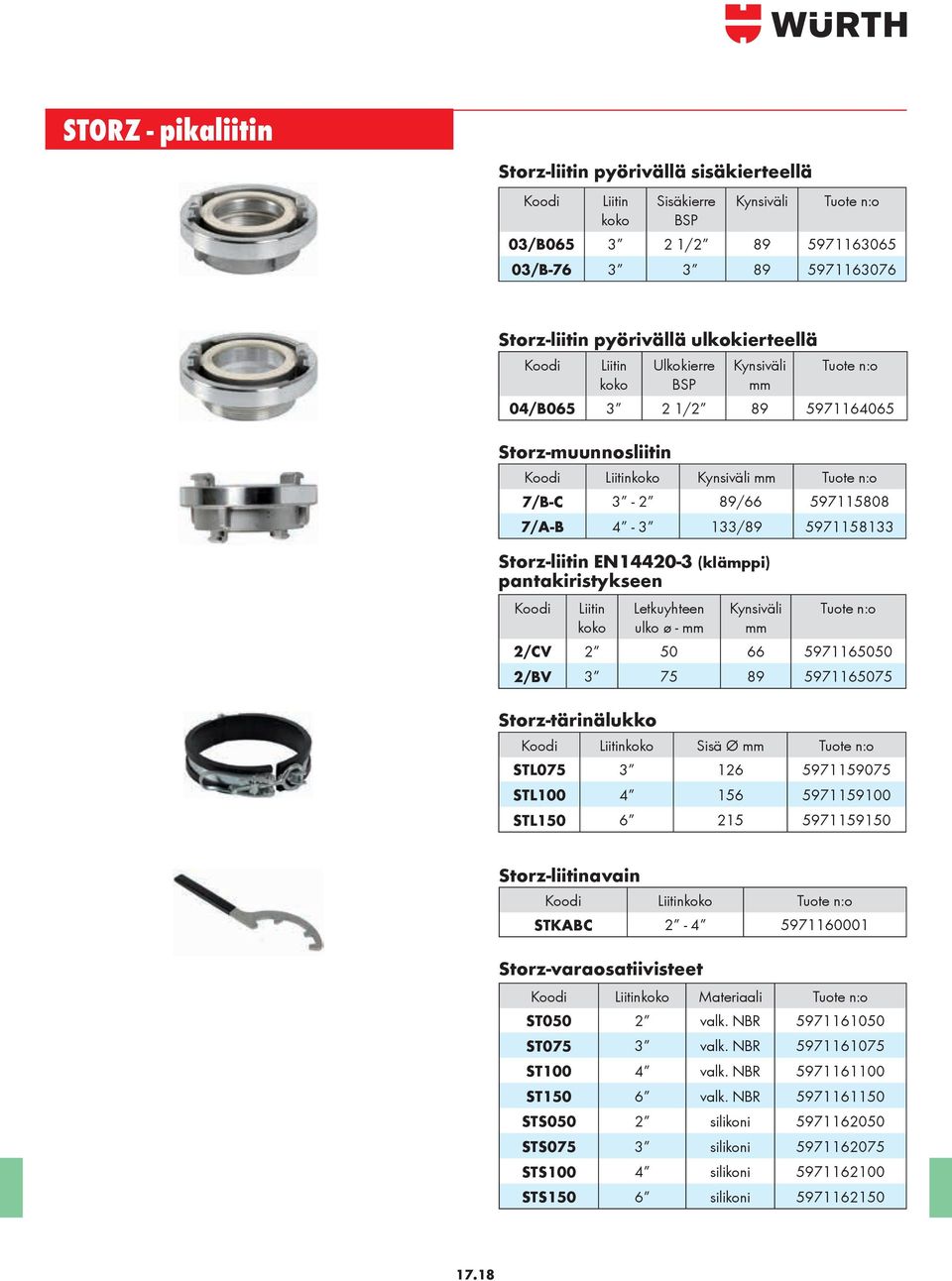 133/89 5971158133 Storz-liitin EN14420-3 (klämppi) pantakiristykseen Koodi Liitin koko Letkuyhteen ulko ø - mm Kynsiväli mm Tuote n:o 2/CV 2 50 66 5971165050 2/BV 3 75 89 5971165075 Storz-tärinälukko
