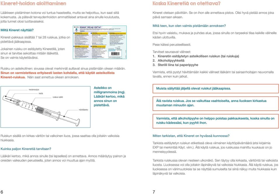 Kineret-pakkaus sisältää 7 tai 28 ruiskua, jotka on pidettävä jääkaapissa. Jokainen ruisku on esitäytetty Kineretillä, joten sinun ei tarvitse sekoittaa mitään lääkettä. Se on valmis käytettäväksi.