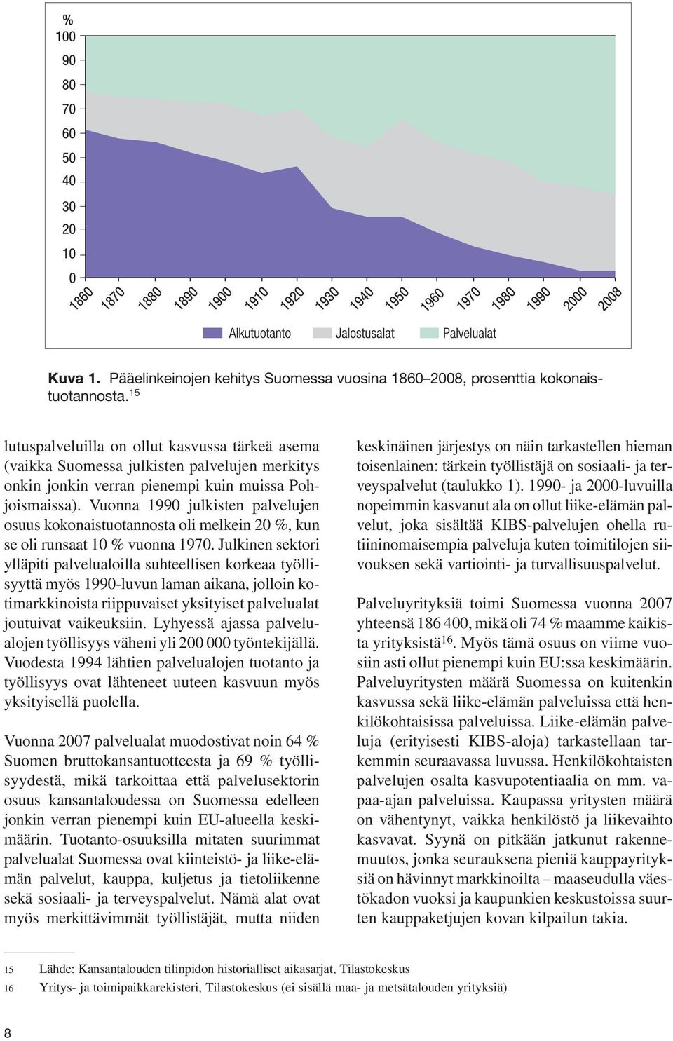 Vuonna 1990 julkisten palvelujen osuus kokonaistuotannosta oli melkein 20 %, kun se oli runsaat 10 % vuonna 1970.